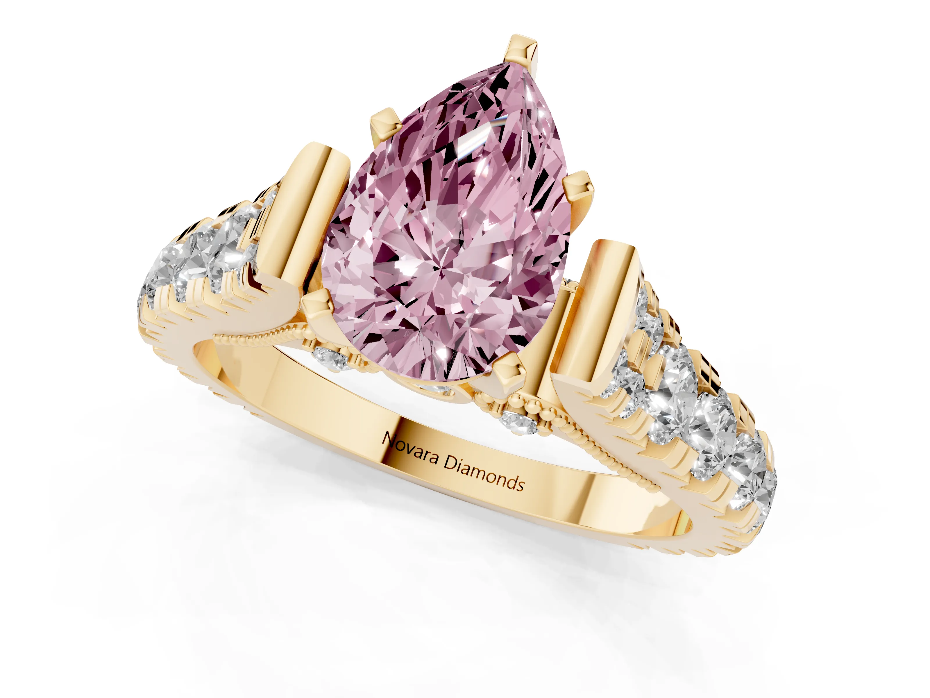 Fancy Pink Pear Cut Diamond Classic Solitaire Ring Set in Yellow gold with Pavé Band and Prong Setting