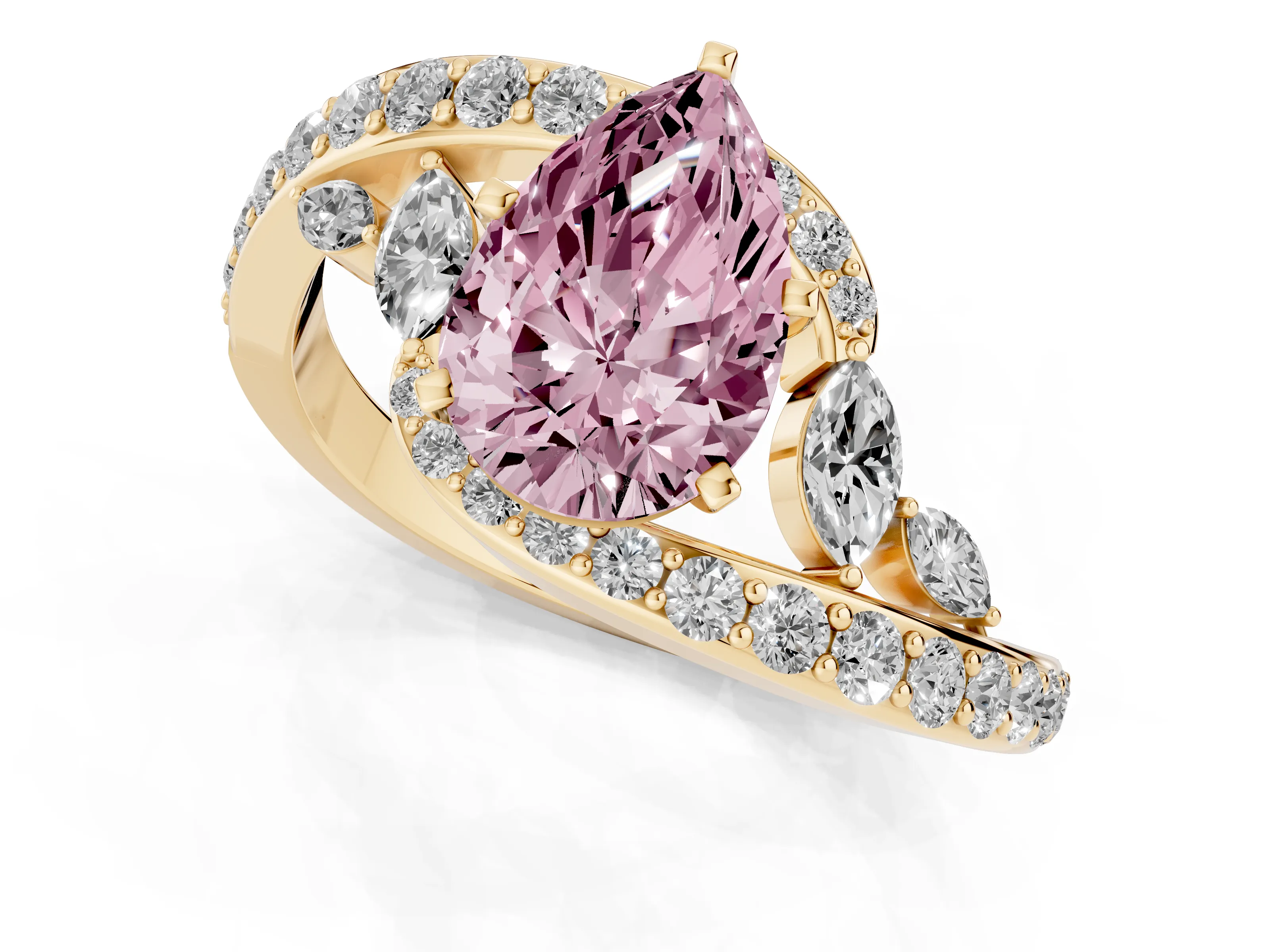 Fancy Pink Pear Cut Diamond Solitaire Ring Set in Yellow gold with Pavé Twist Band and Secure Prong Setting