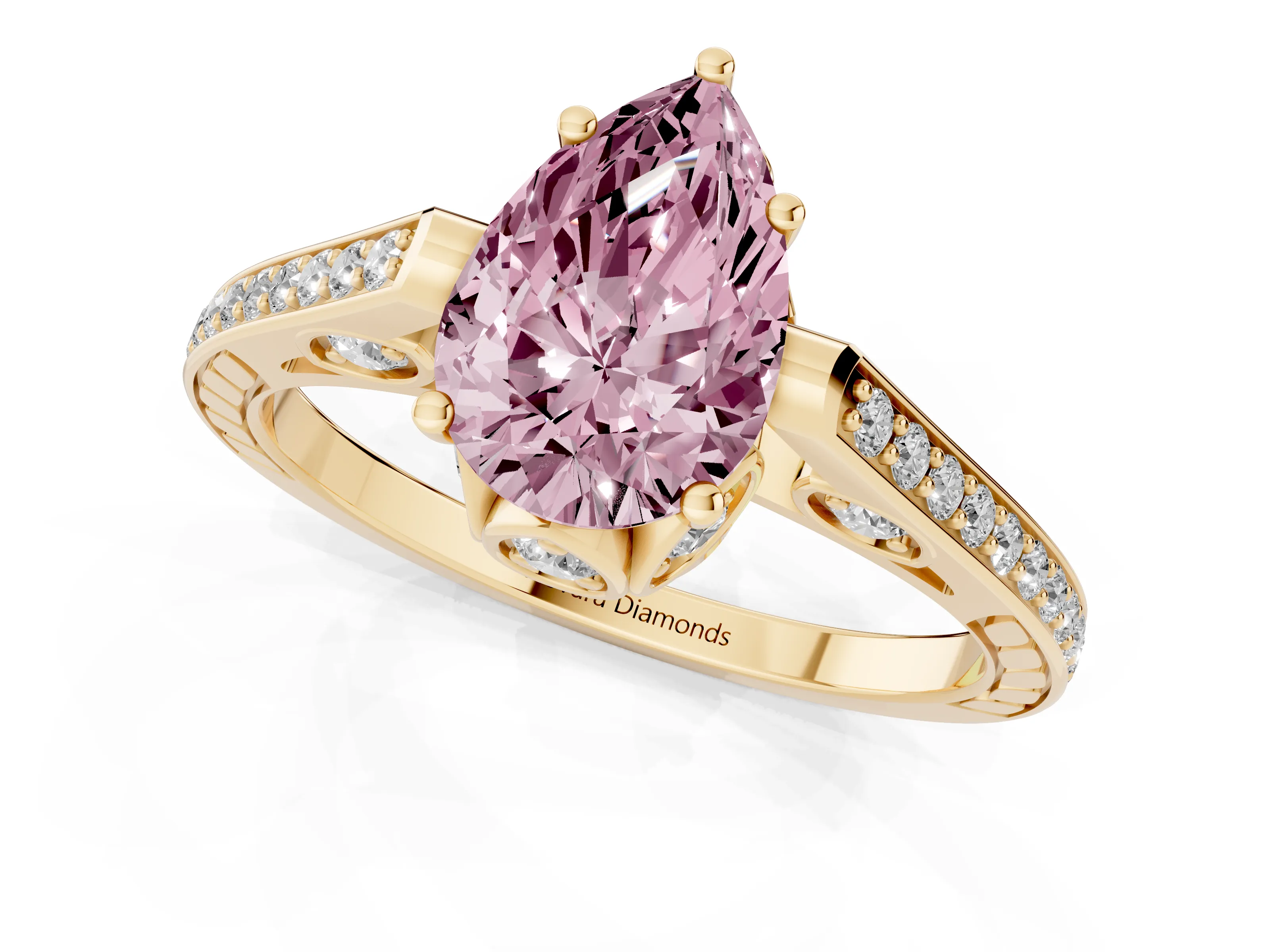 Fancy Pink Pear Cut Diamond Cathedral Pavé Engagement Ring Set in Yellow gold with Prong Setting