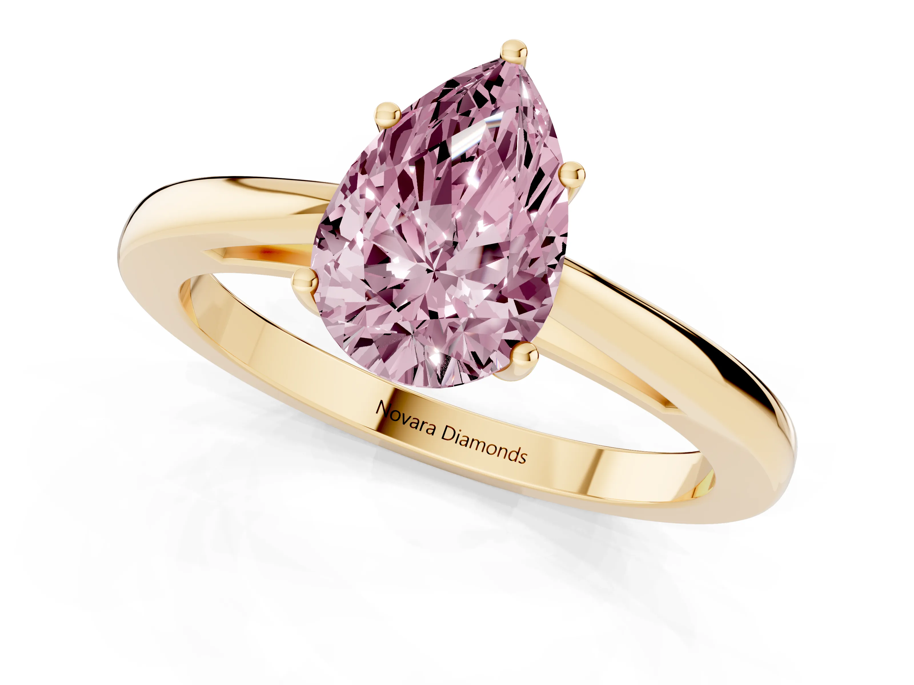 Fancy Pink Pear Cut Diamond Solitaire Ring Set in Yellow gold with Split Shank and Prong Setting