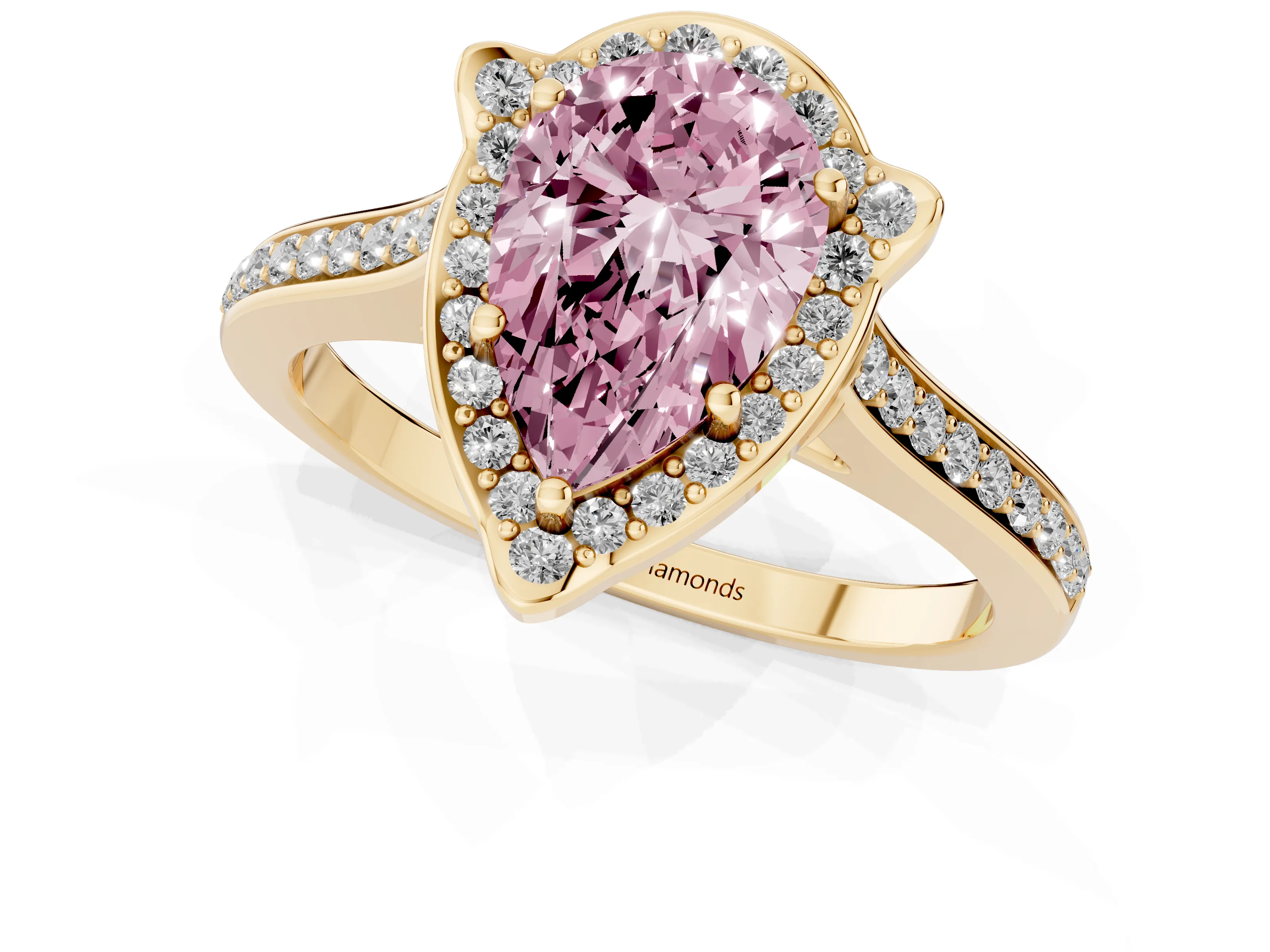 Fancy Pink Pear Cut Diamond Halo Ring Set in Yellow gold with Pavé-Lined Shoulders and Prong Setting