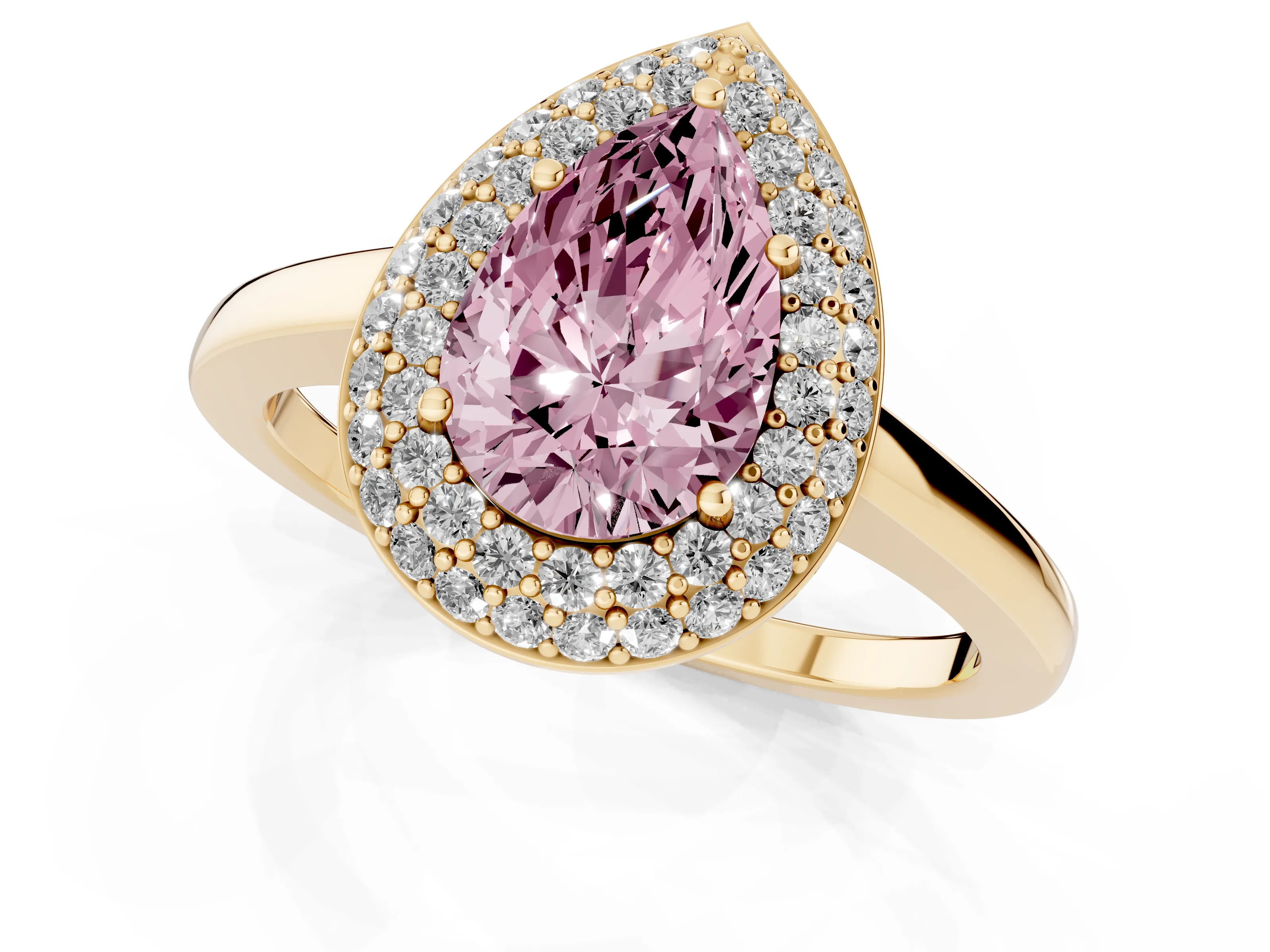 Fancy Pink Pear Cut Diamond Halo Engagement Ring Set in Yellow gold with Solitaire Band and Prong Setting