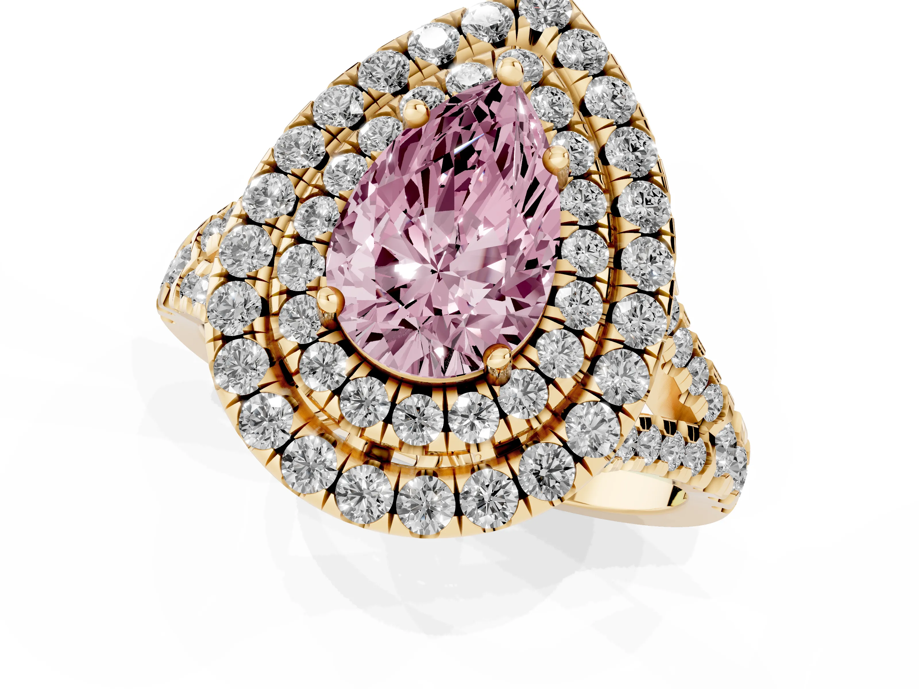 Fancy Pink Pear Cut Diamond Double Halo Ring Set in Yellow gold with Pavé Split Shank and Prong Setting