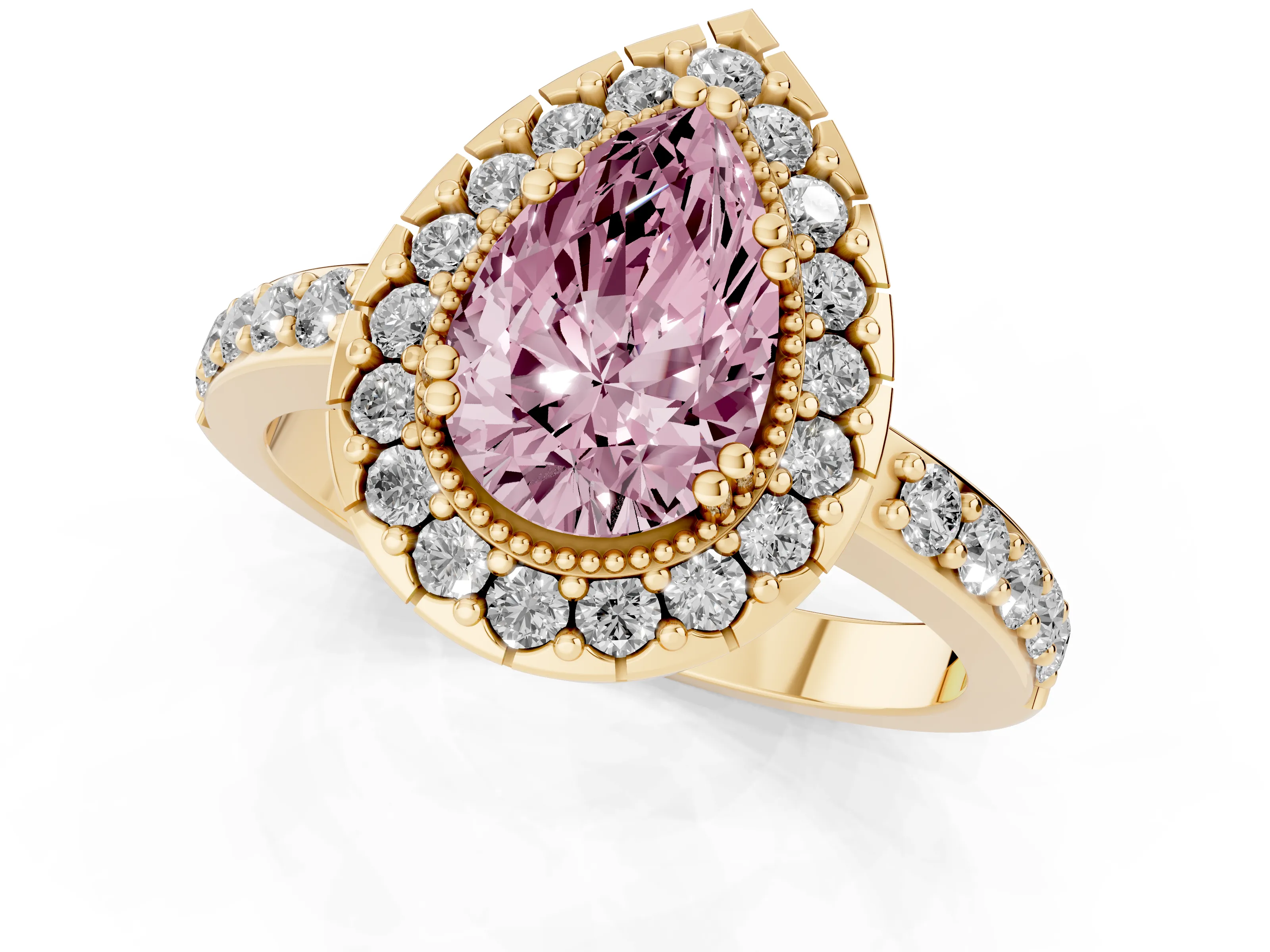 Fancy Pink Pear Cut Diamond Halo Ring Set in Yellow gold with Pavé Shank and Prong Setting