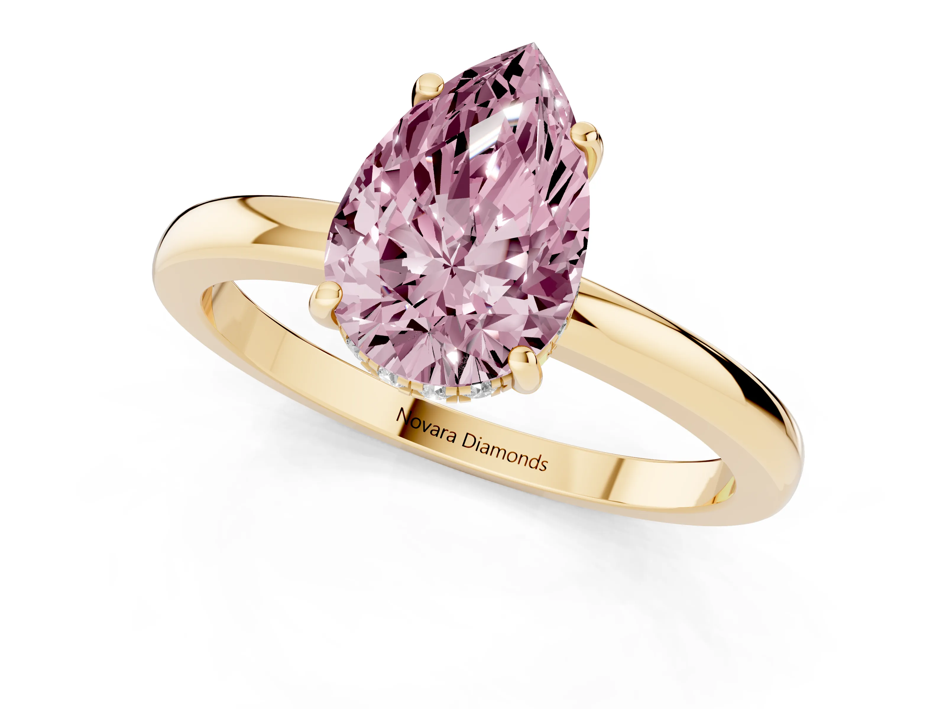 Fancy Pink Pear Cut Diamond Solitaire Ring Set in Yellow gold with Plain Band and Prong Setting