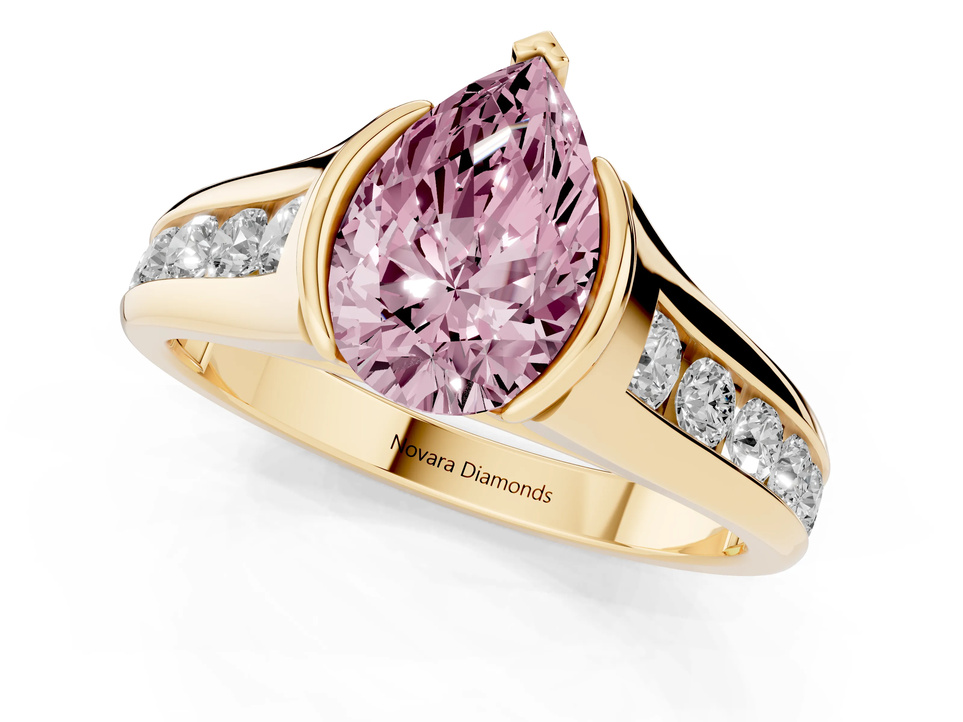Fancy Pink Pear Cut Diamond Bezel-Set Solitaire Ring Set in Yellow gold with Channel-Set Band