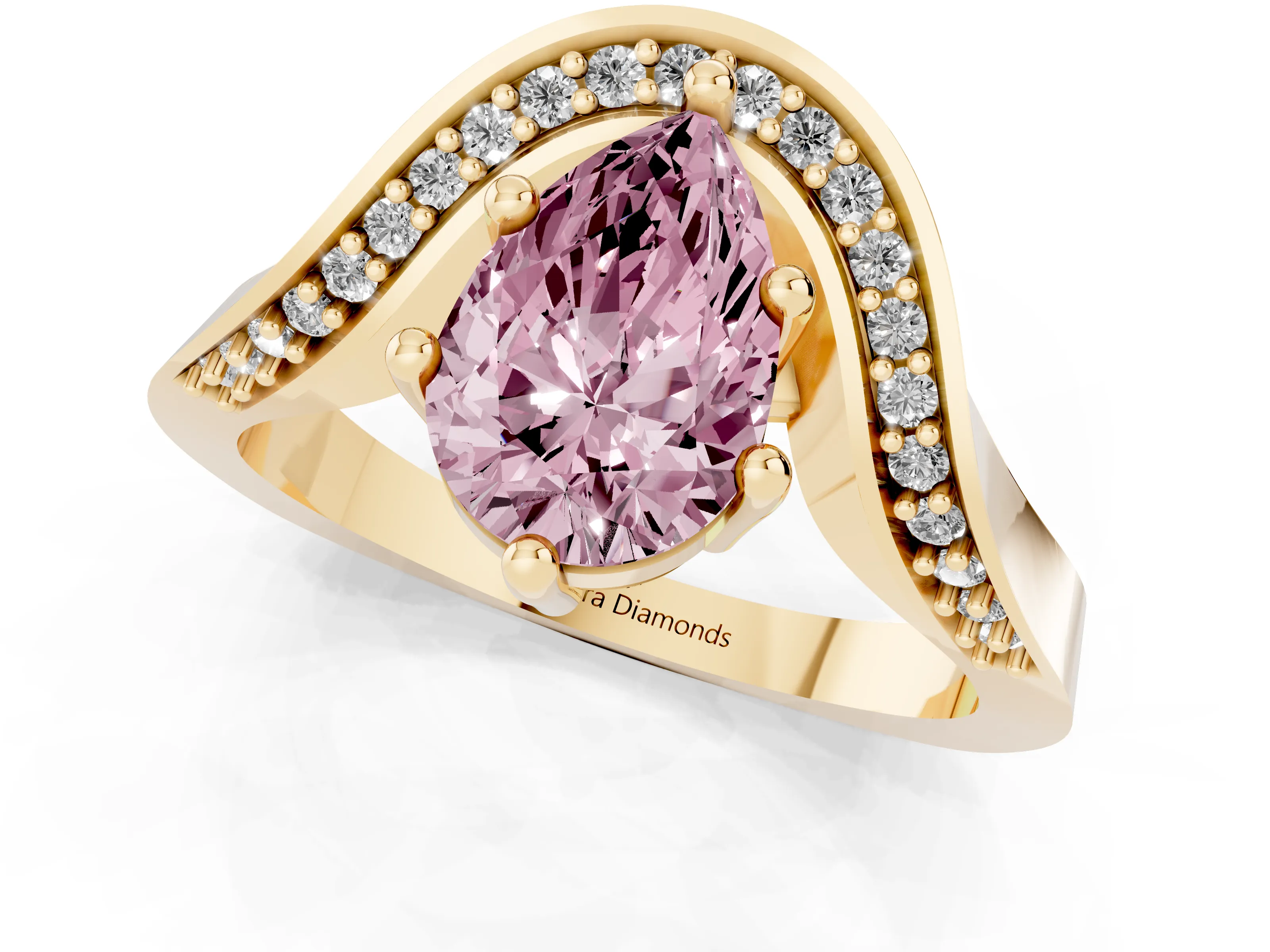 Fancy Pink Pear Cut Diamond Solitaire Engagement Ring Set in Yellow gold with Pavé Shoulders