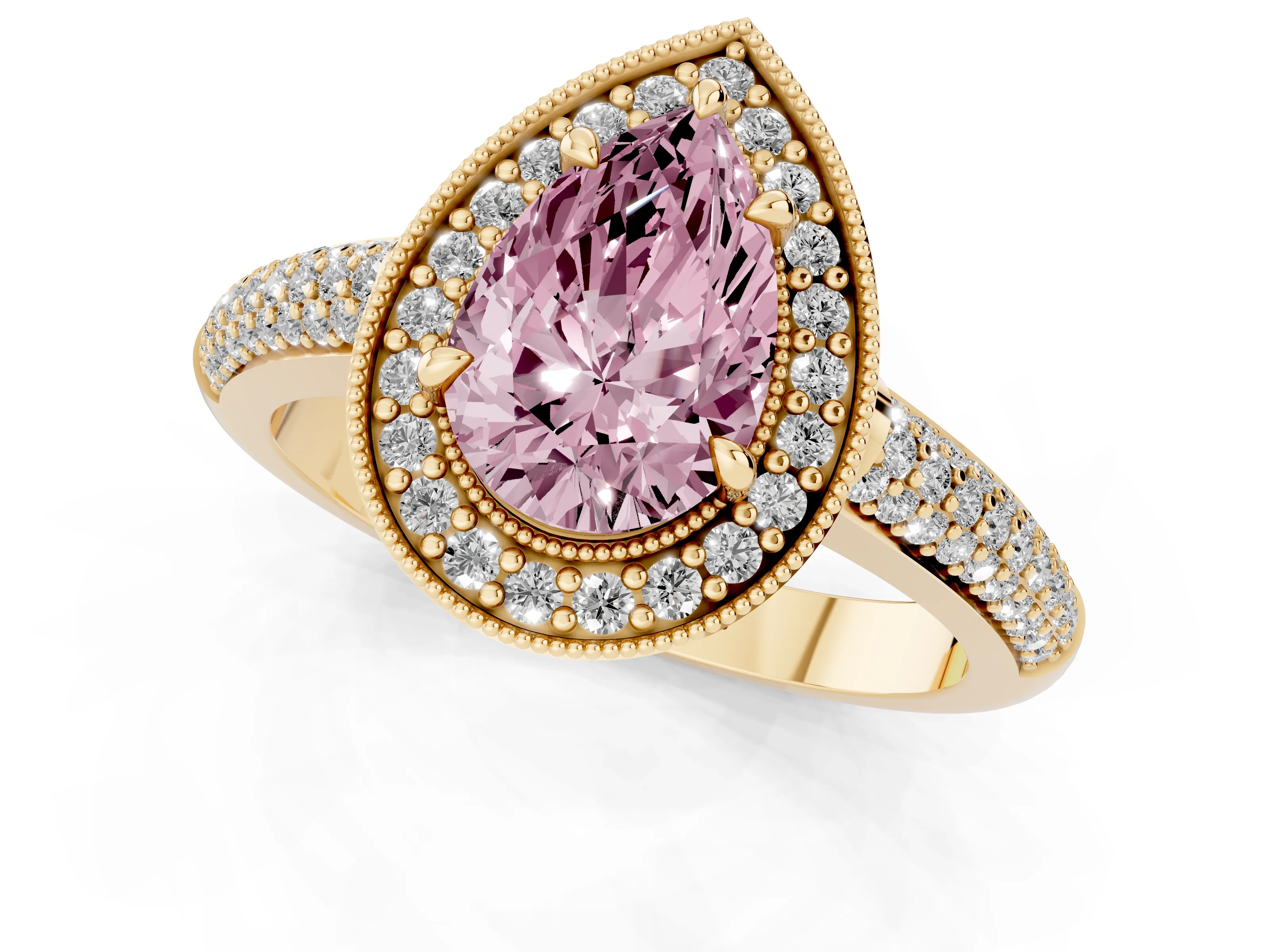 Fancy Pink Pear Cut Diamond Halo Pavé Band Set in Yellow gold with Prong Setting