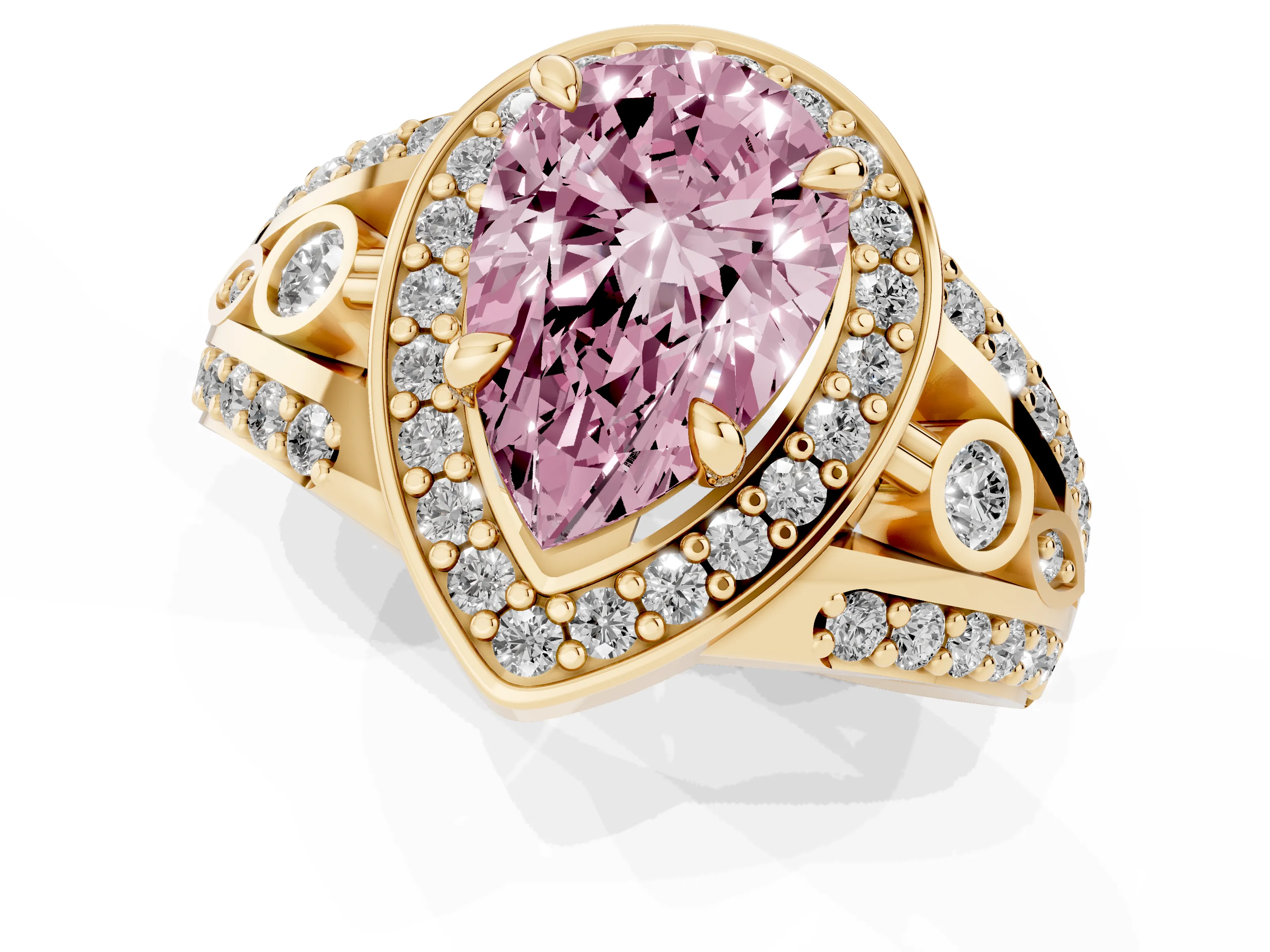 Fancy Pink Pear Cut Diamond Halo Ring Set in Yellow gold with Pavé Split Shank and Bezel Accents