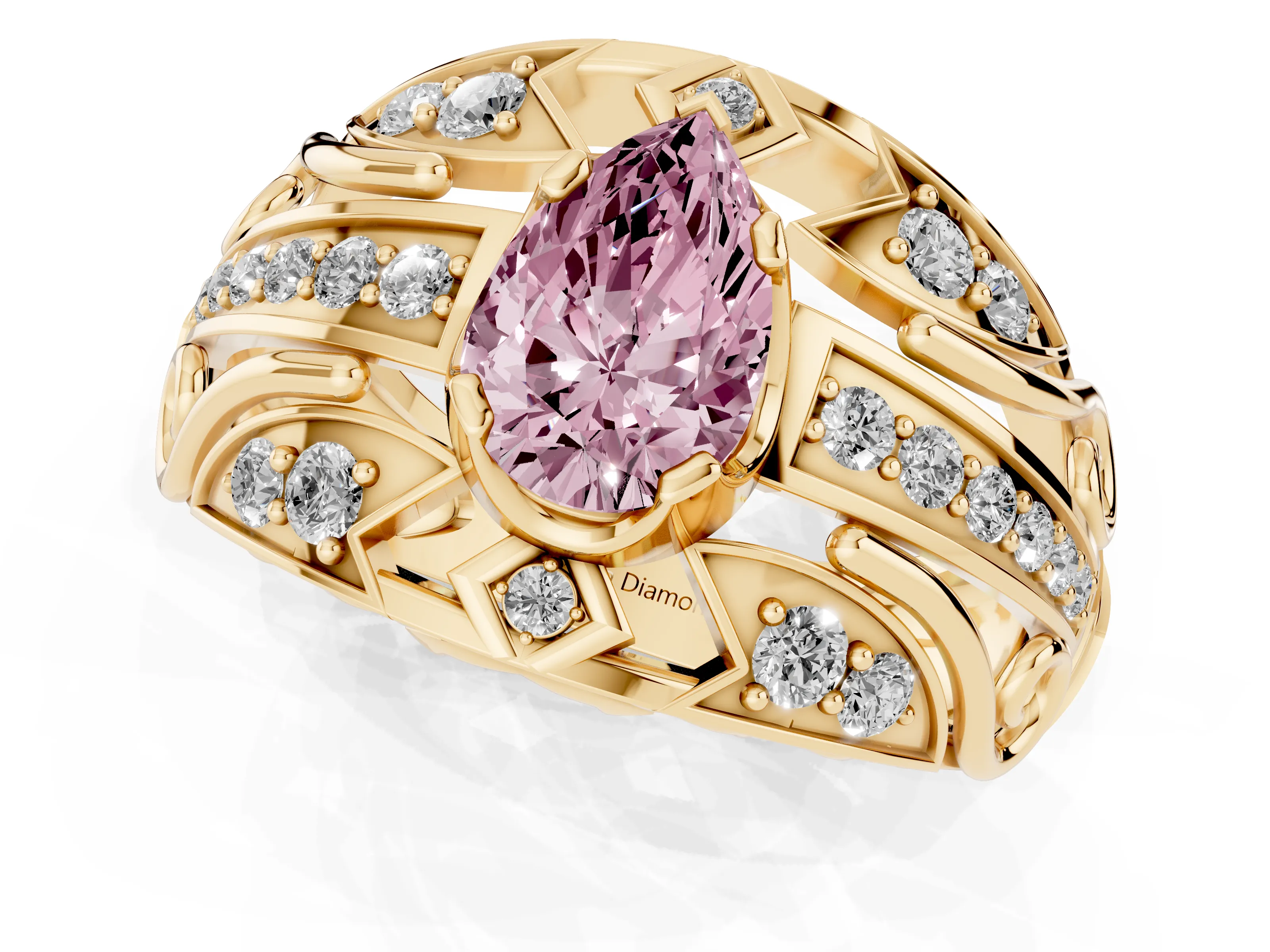 Fancy Pink Pear Cut Diamond Art Deco Ring Set in Yellow gold with Pavé Split Shank