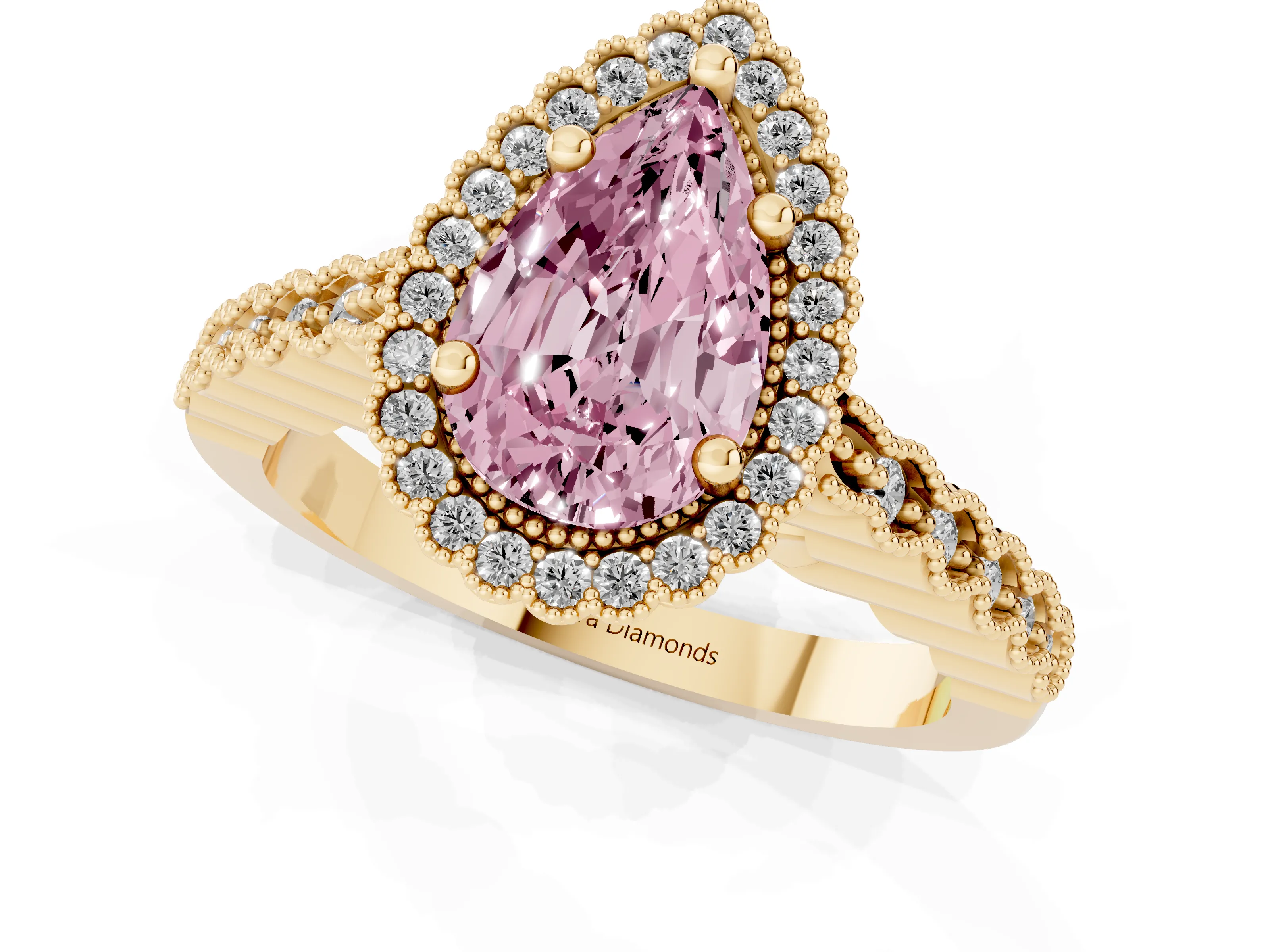 Fancy Pink Pear Cut Diamond Halo Ring Set in Yellow gold with Pavé Milgrain Band