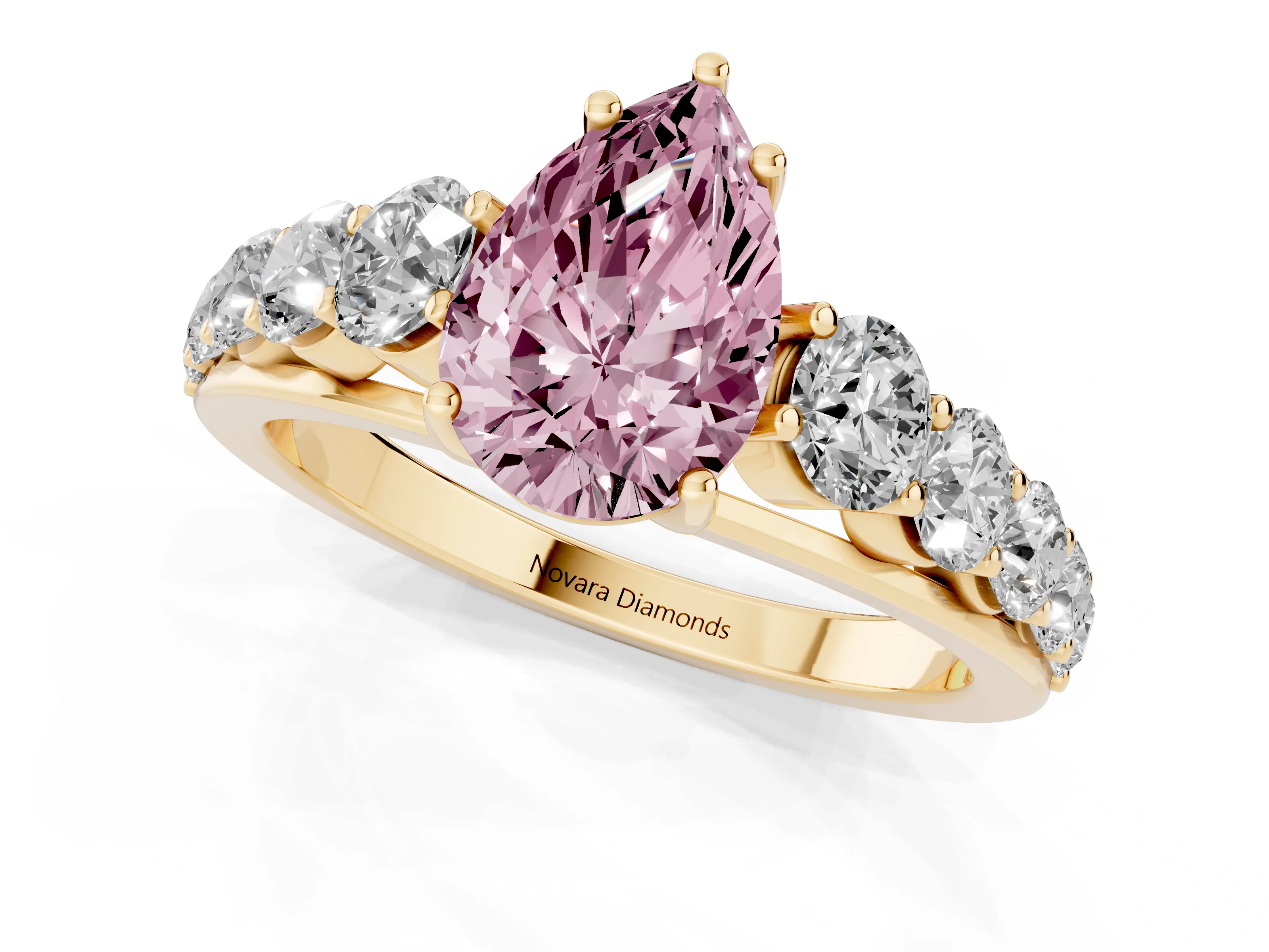 Fancy Pink Pear Cut Diamond Solitaire Ring Set in Yellow gold with Pavé-Set Band and Prong Setting