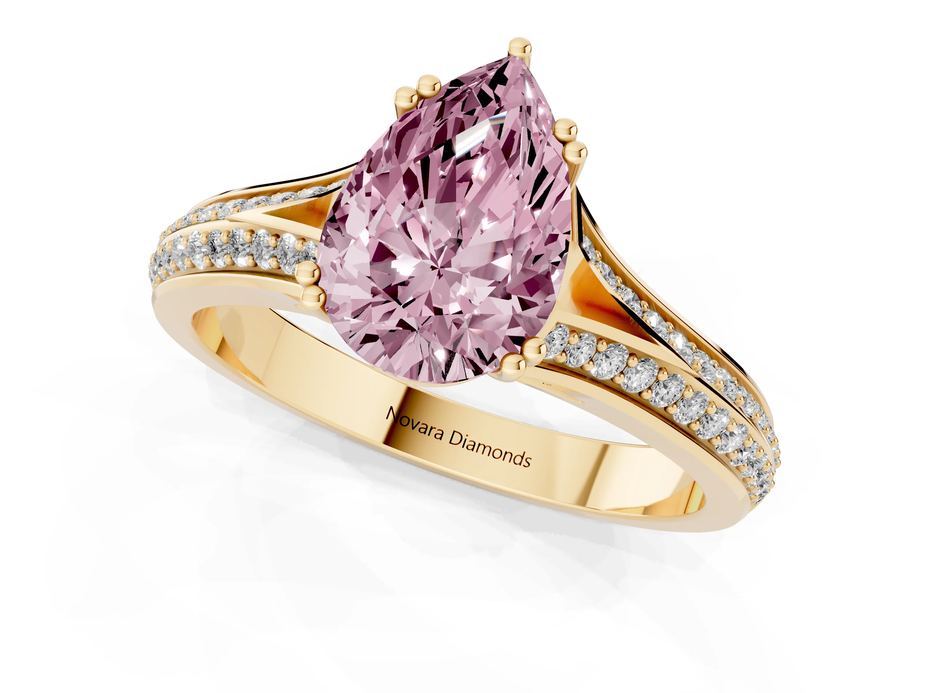 Fancy Pink Pear Cut Diamond Split Shank Pavé Engagement Ring Set in Yellow gold with Prong-Set Center Stone