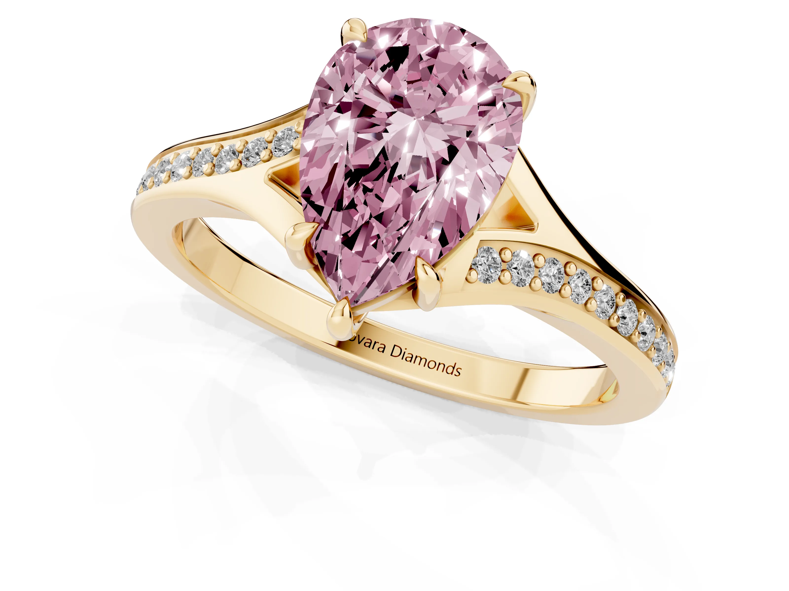 Fancy Pink Pear Cut Diamond Solitaire Ring Set in Yellow gold with Pavé Accent Band and Classic Prong Setting