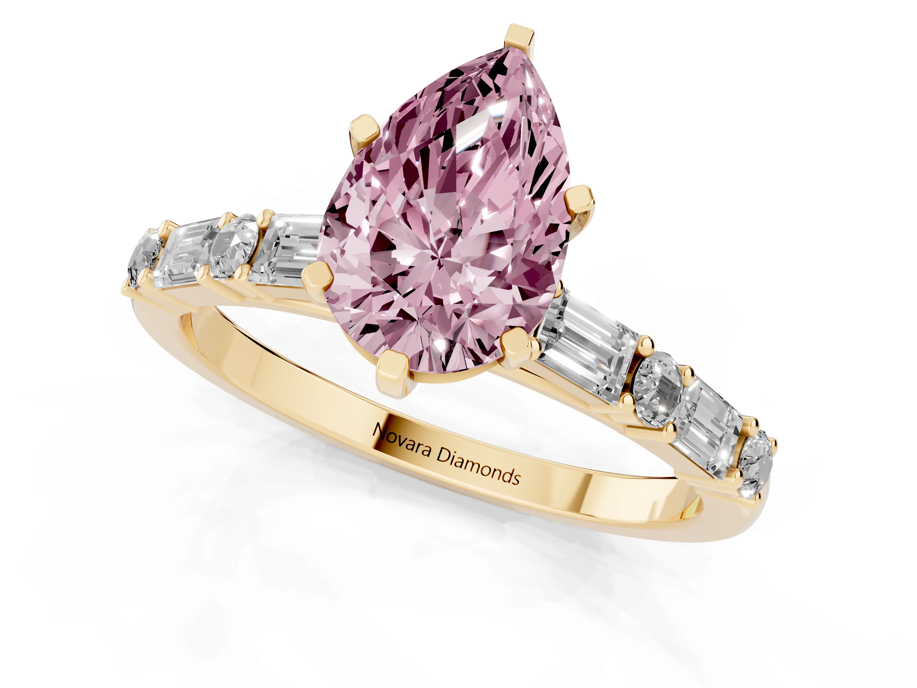 Fancy Pink Pear Cut Diamond Solitaire Set in Yellow gold with Side Baguettes and Channel Set Band