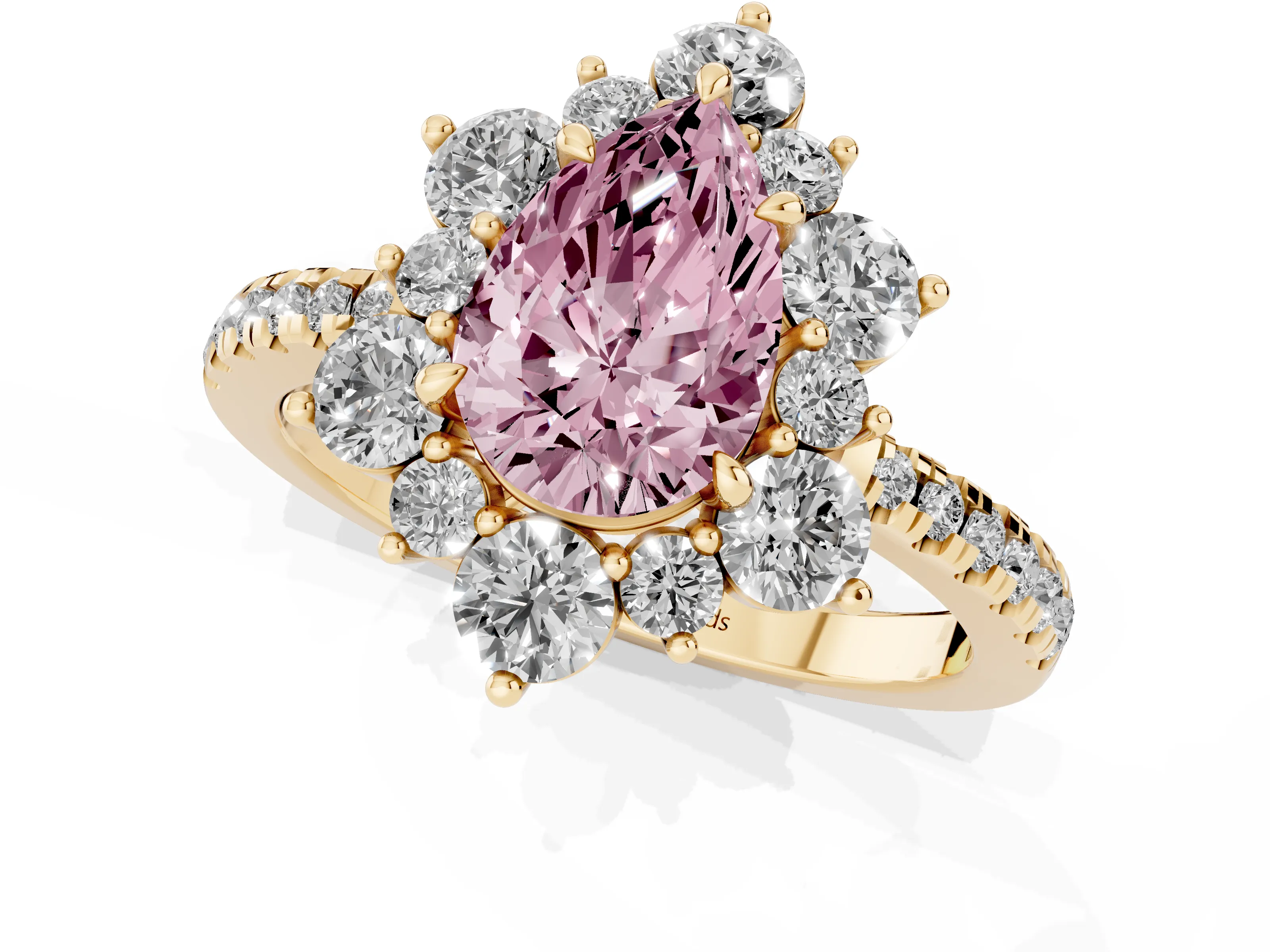 Fancy Pink Pear Cut Diamond Floral Halo Ring Set in Yellow gold with Round Pavé Band and Prong Setting