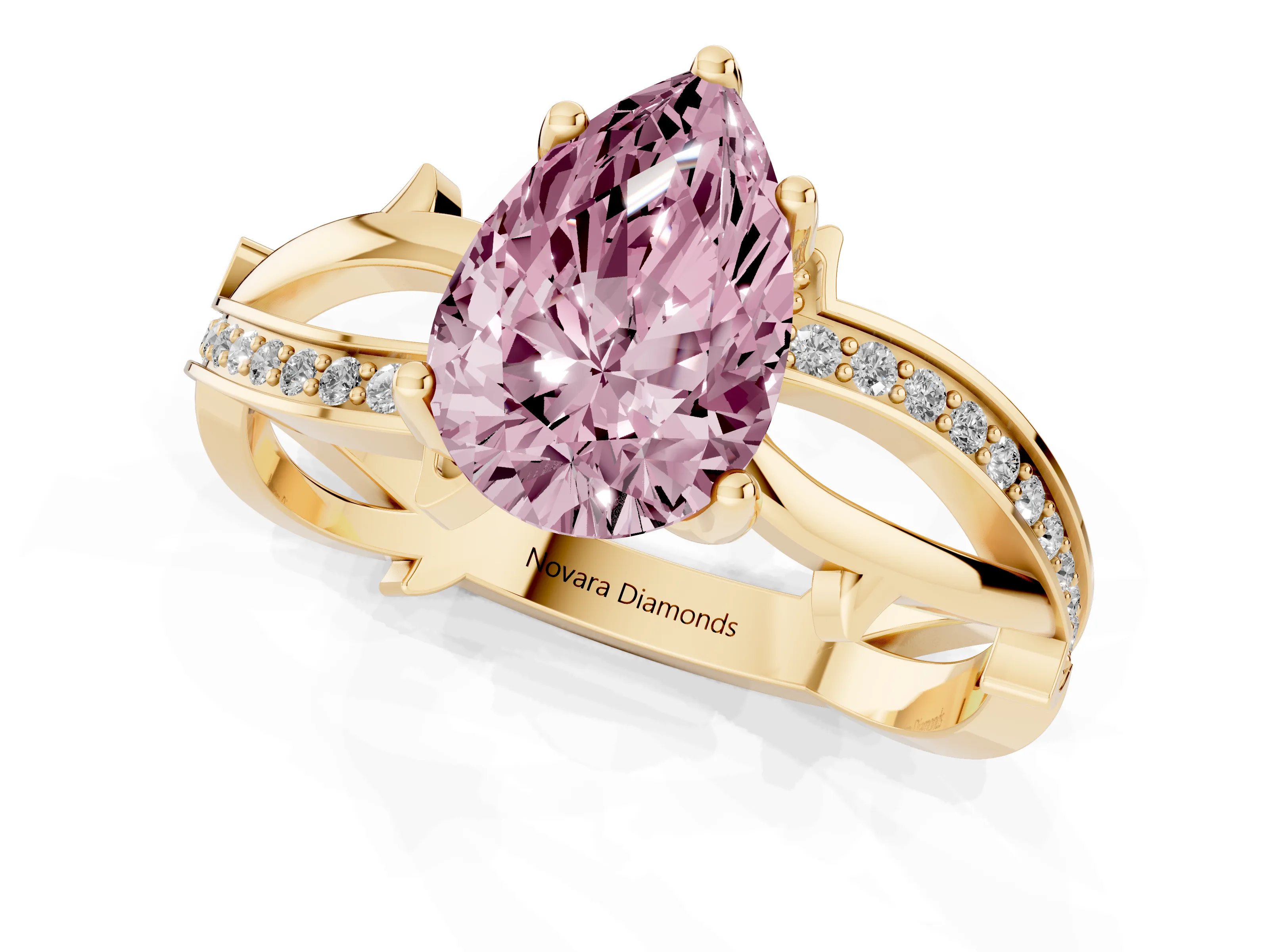 Fancy Pink Pear Cut Diamond Pavé Twist Band Solitaire Ring Set in Yellow gold with Prong Setting