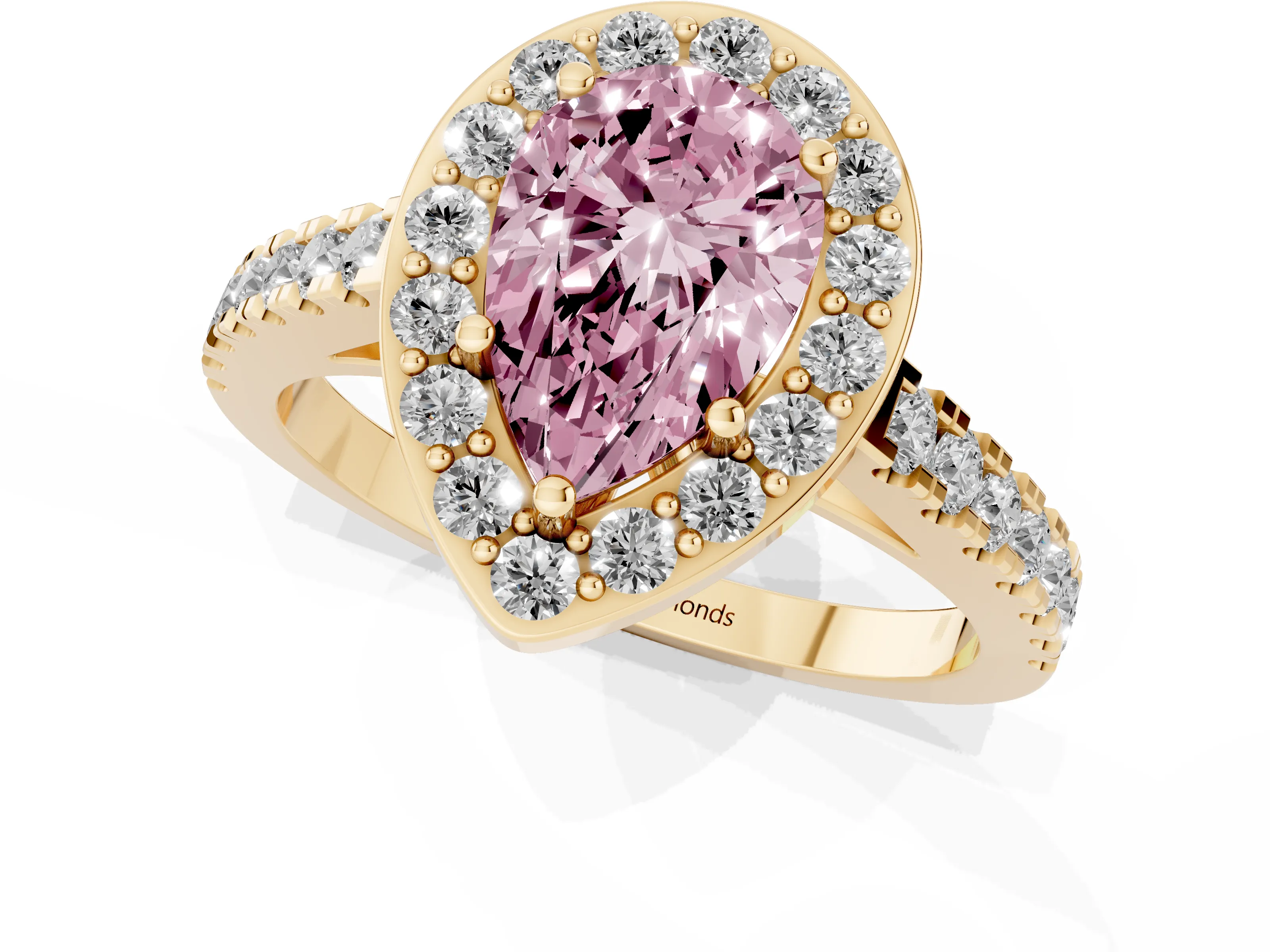 Fancy Pink Pear Cut Diamond Halo Ring Set in Yellow gold with Round Pavé Split Shank and Prong Setting