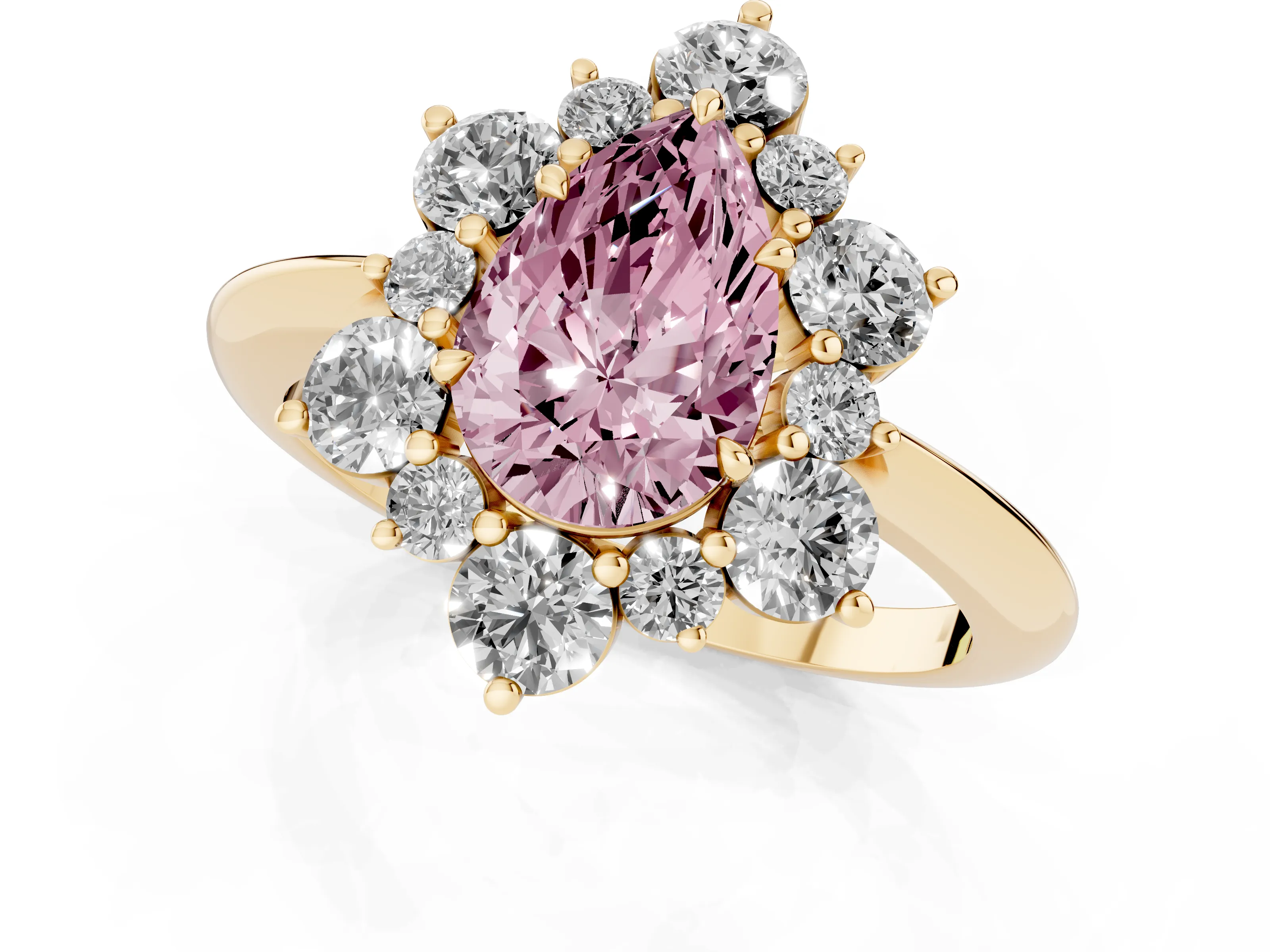 Fancy Pink Pear Cut Diamond Cluster Halo Ring Set in Yellow gold with Solitaire Band and Prong Setting
