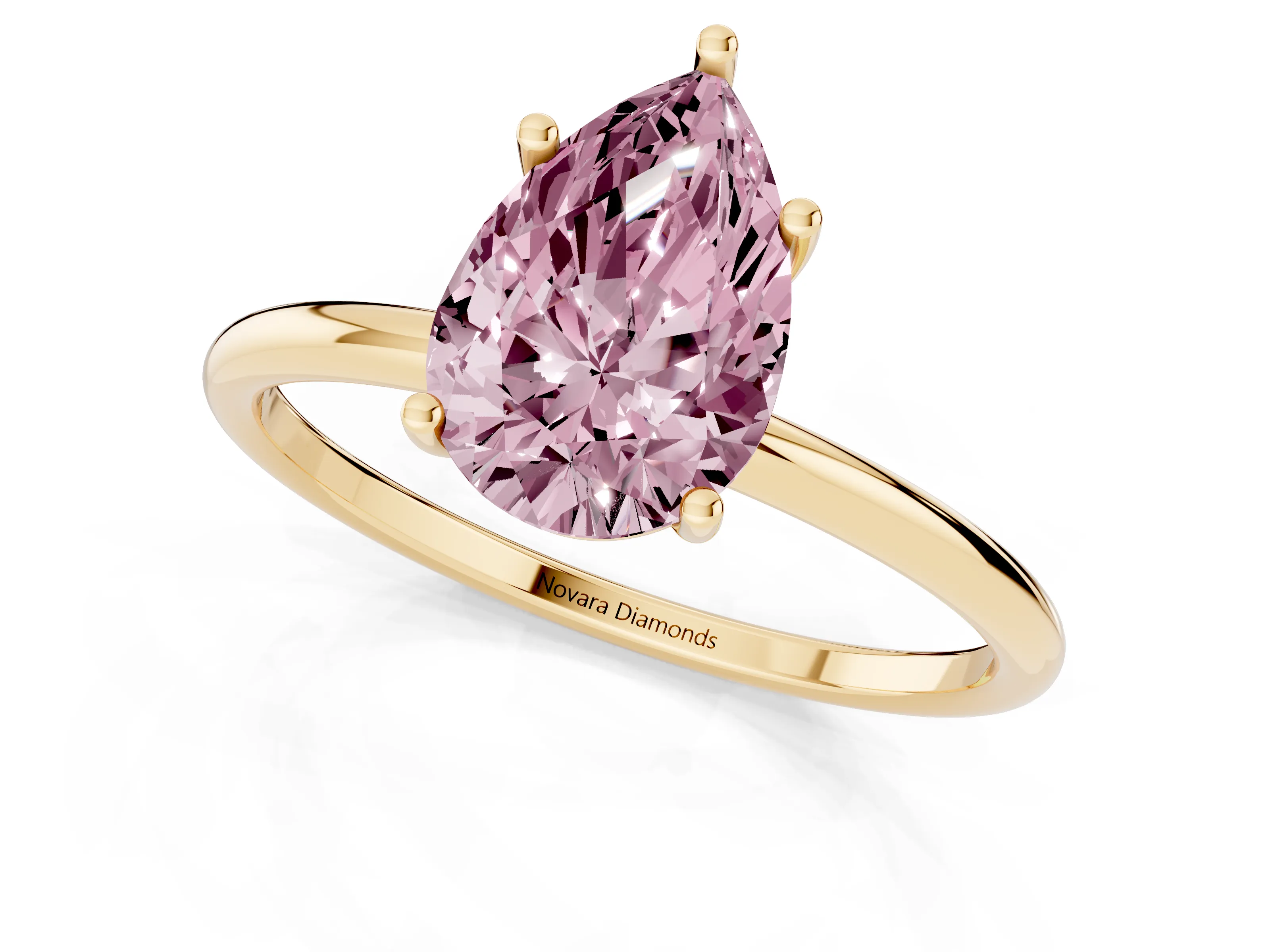 Fancy Pink Pear Cut Diamond Solitaire Engagement Ring Set in Yellow gold with Thin Band and Prong Setting
