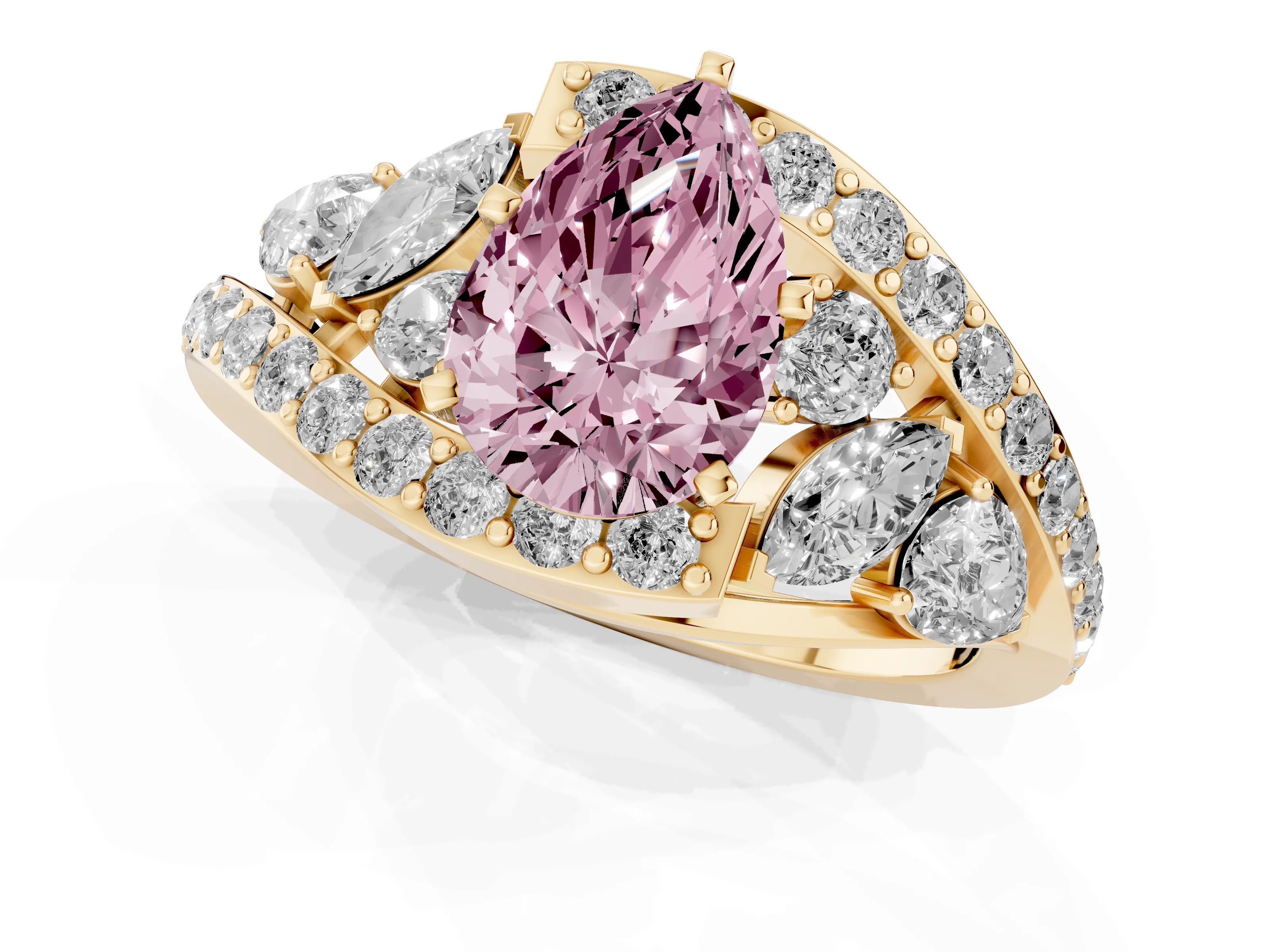 Fancy Pink Pear Cut Diamond Halo Ring Set in Yellow gold with Marquise and Pavé Band in Prong Setting