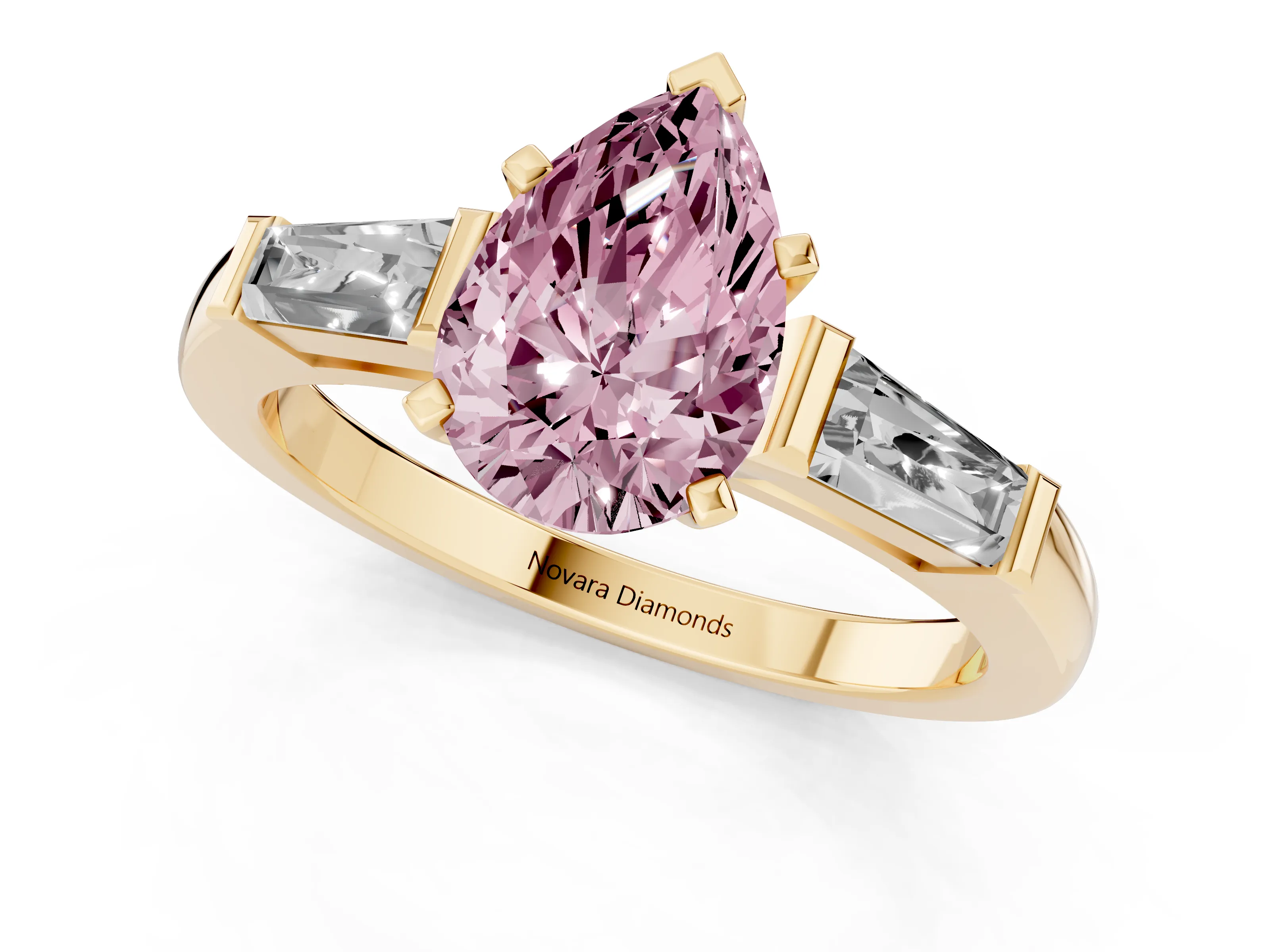 Fancy Pink Pear Cut Diamond Solitaire Ring Set in Yellow gold with Tapered Baguette Side Stones and Prong Setting