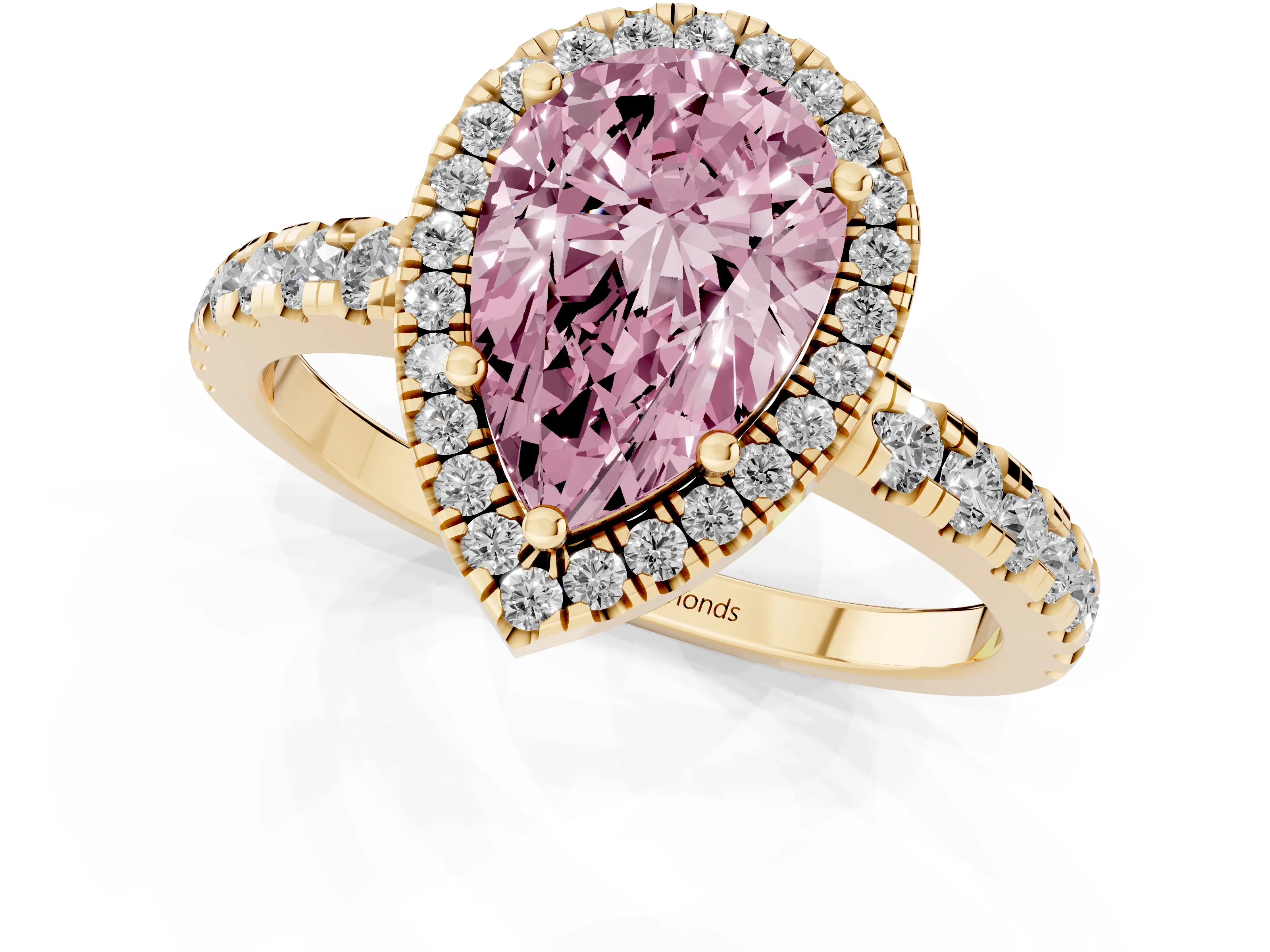 Fancy Pink Pear Cut Diamond Halo Ring Set in Yellow gold with Delicate Pavé Band and Prong Setting