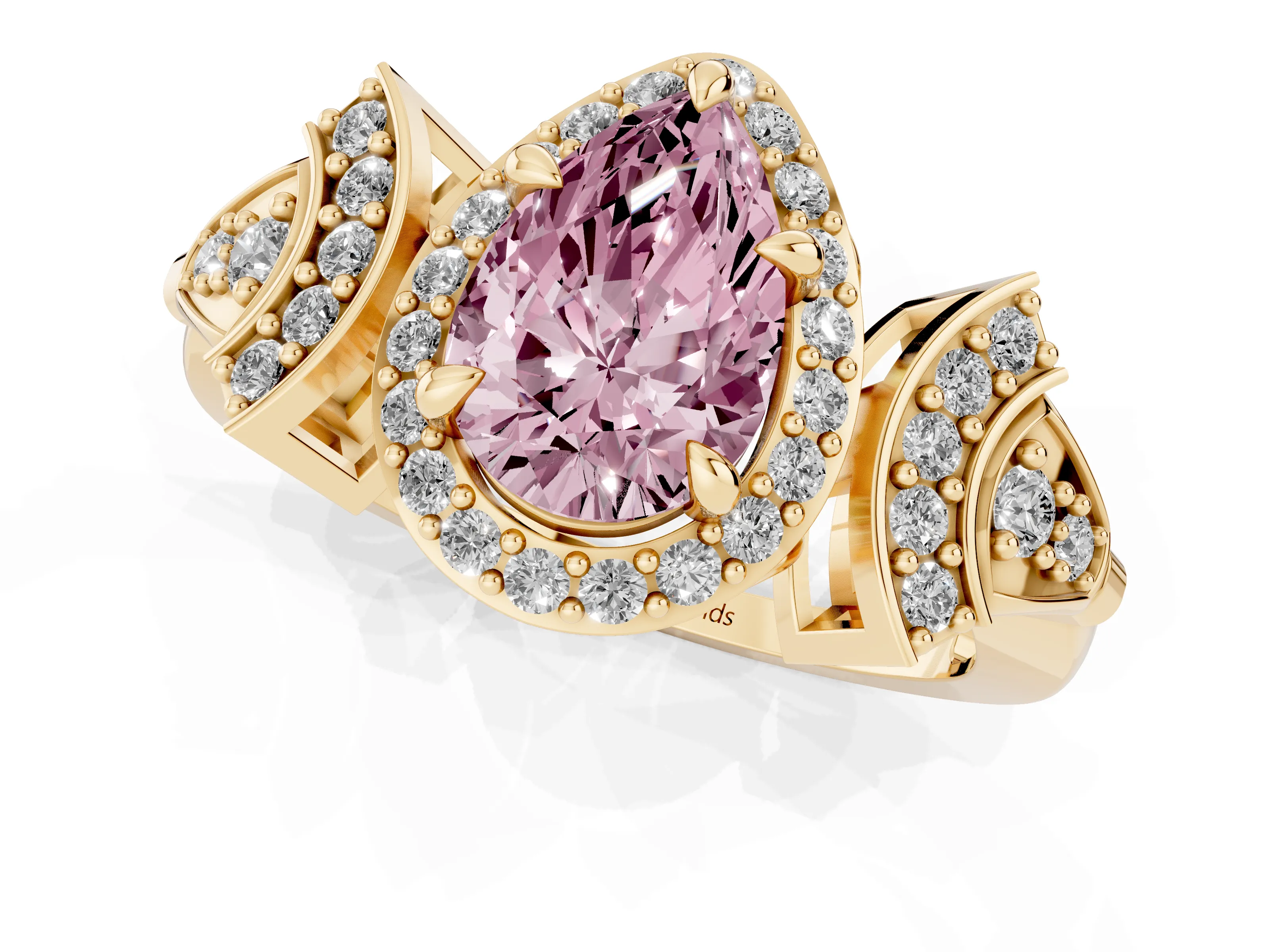 Fancy Pink Pear Cut Diamond Halo Engagement Ring Set in Yellow gold with Accent Stone Split Shank