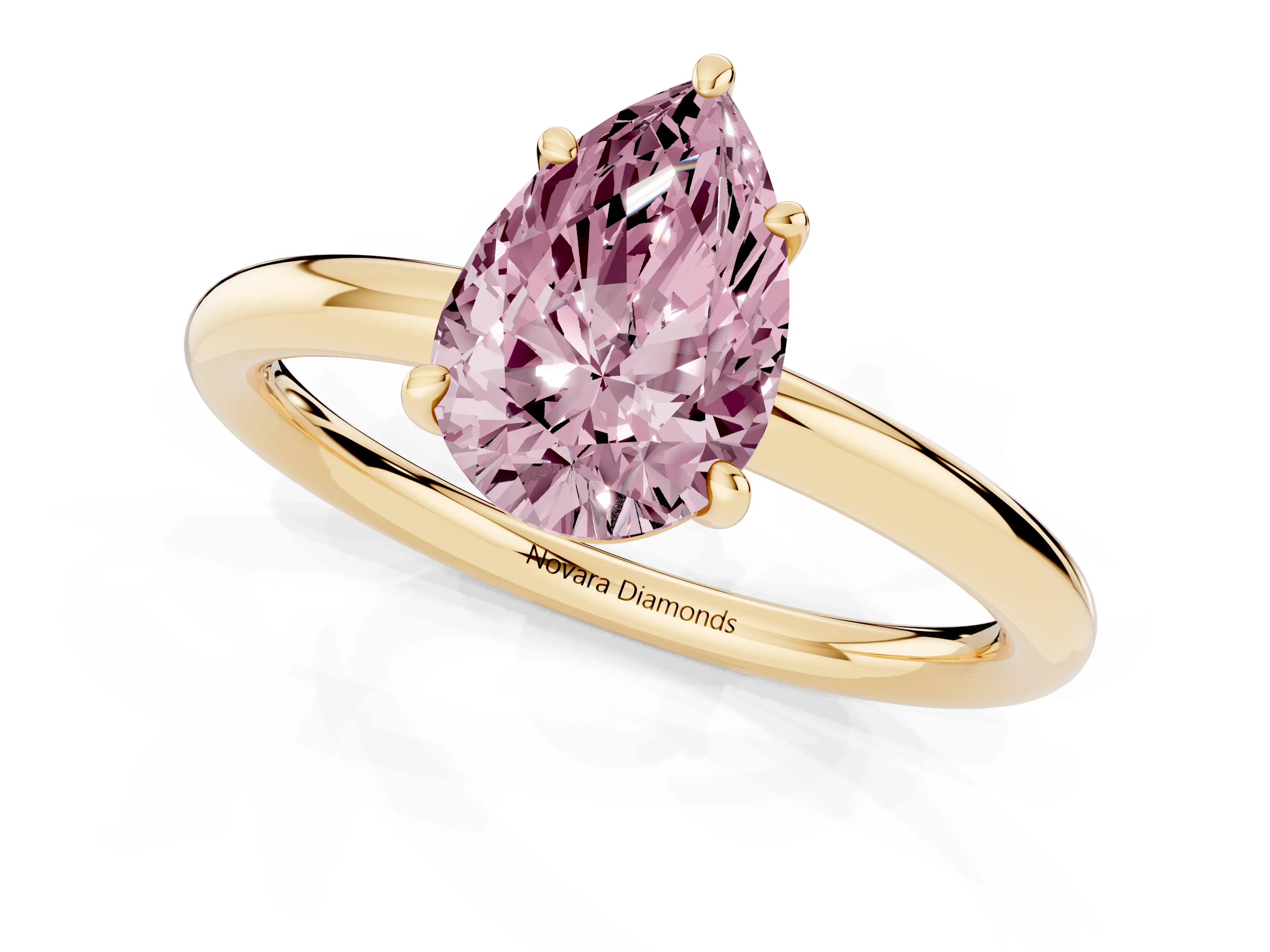 Fancy Pink Pear Cut Diamond Solitaire Ring Set in Yellow gold with Prong Setting on a Polished Plain Band