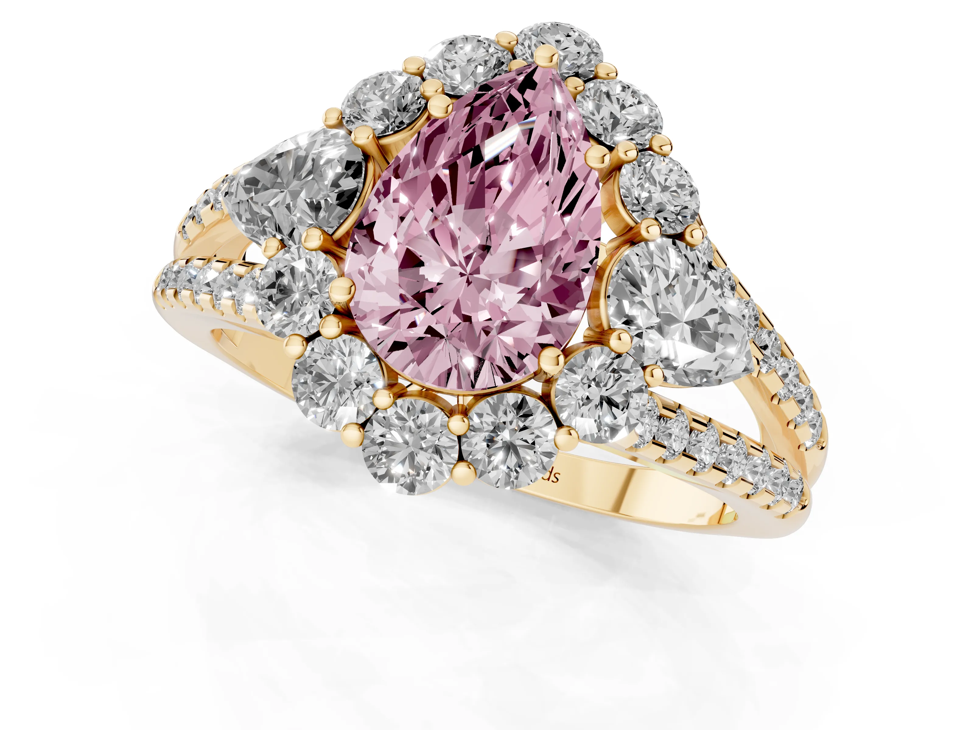 Fancy Pink Pear Cut Diamond Halo Split Shank Engagement Ring Set in Yellow gold with Prong-Held Center Stone
