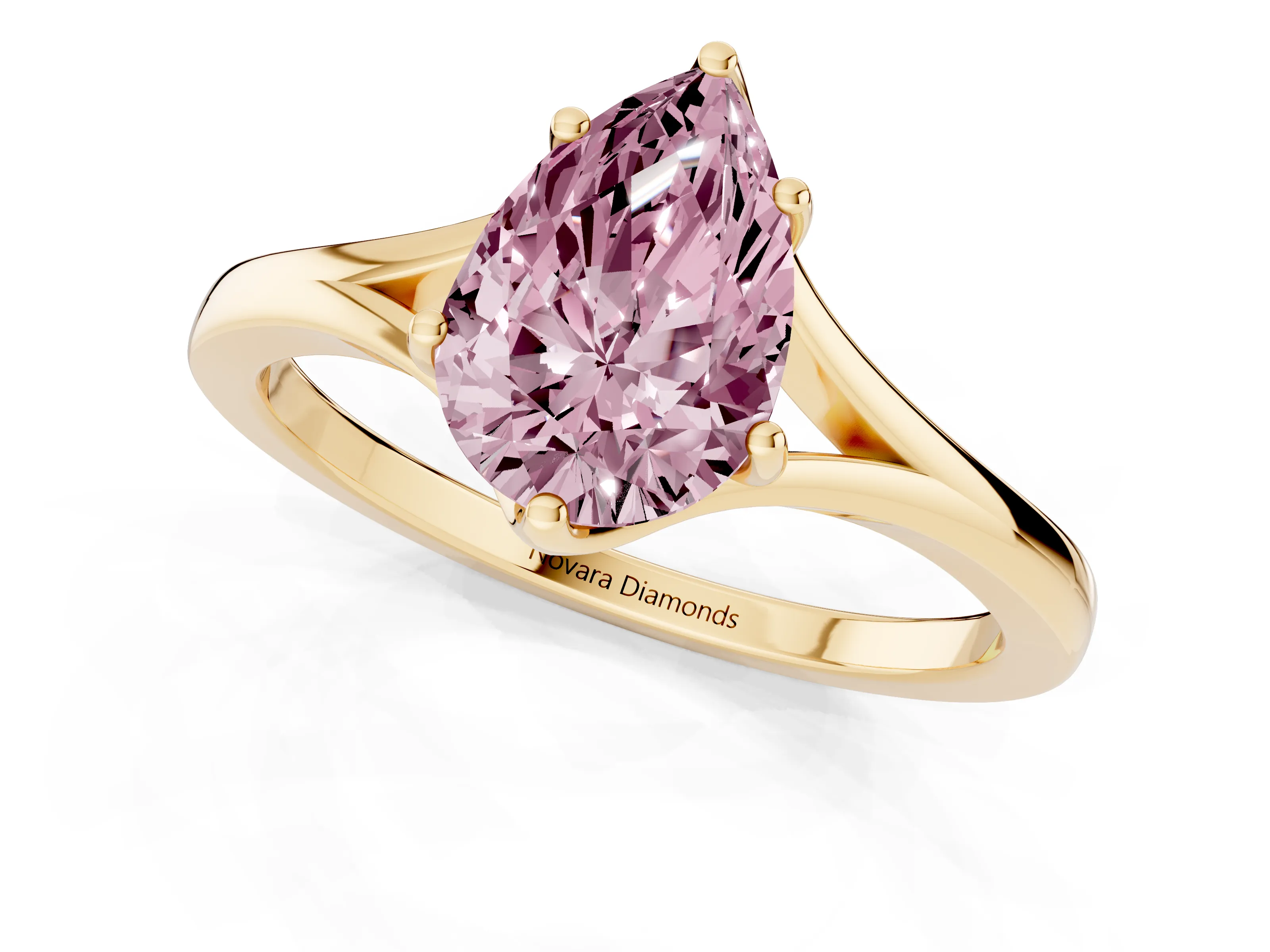 Fancy Pink Pear Cut Diamond Solitaire Ring Set in Yellow gold with Polished Tapered Band and Prong Setting
