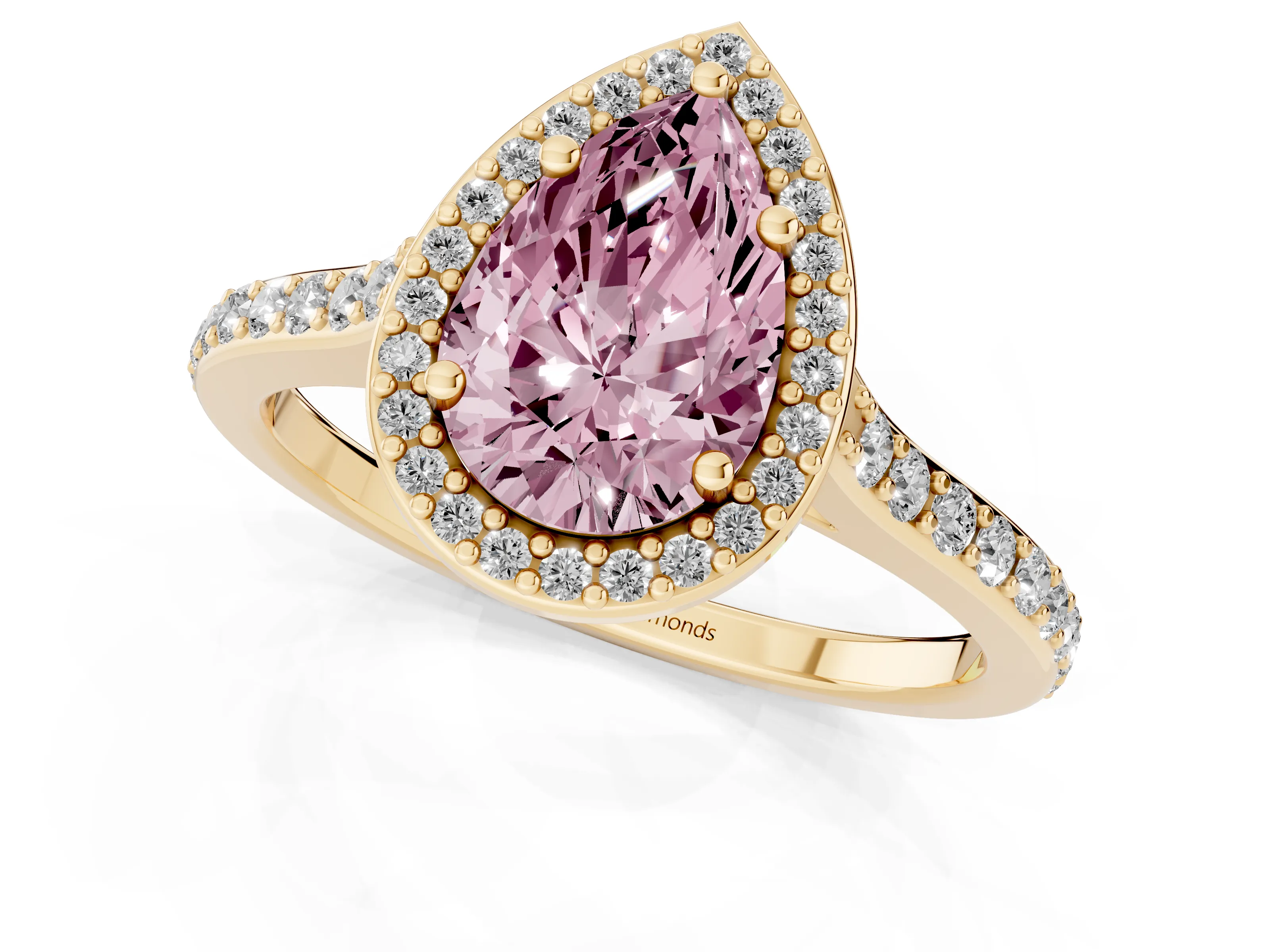 Fancy Pink Pear Cut Diamond Halo Engagement Ring Set in Yellow gold with Round Pavé Shoulders and Heart Gallery