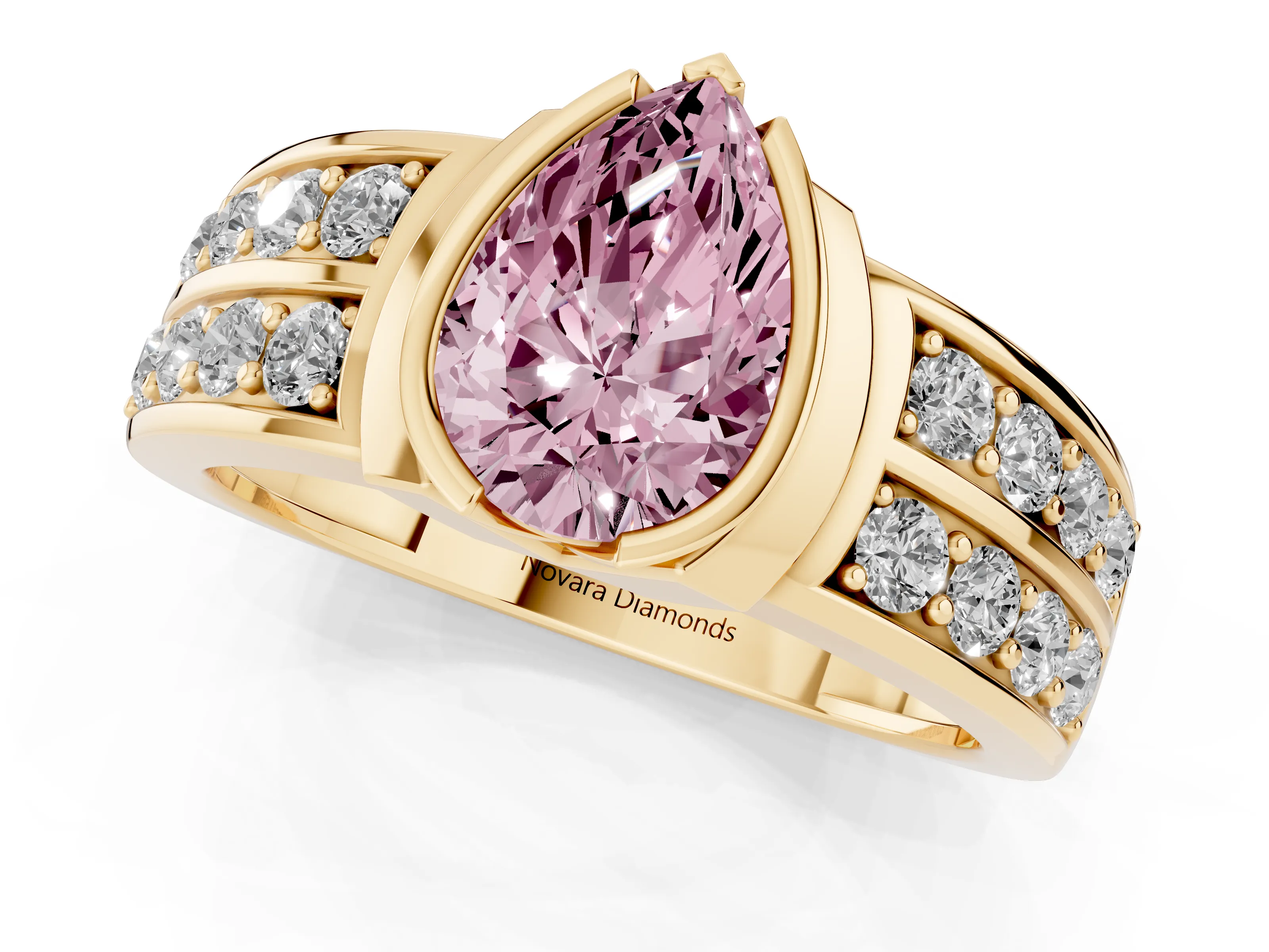 Fancy Pink Pear Cut Diamond Wide Channel Set Band Ring Set in Yellow gold with Bezel Setting