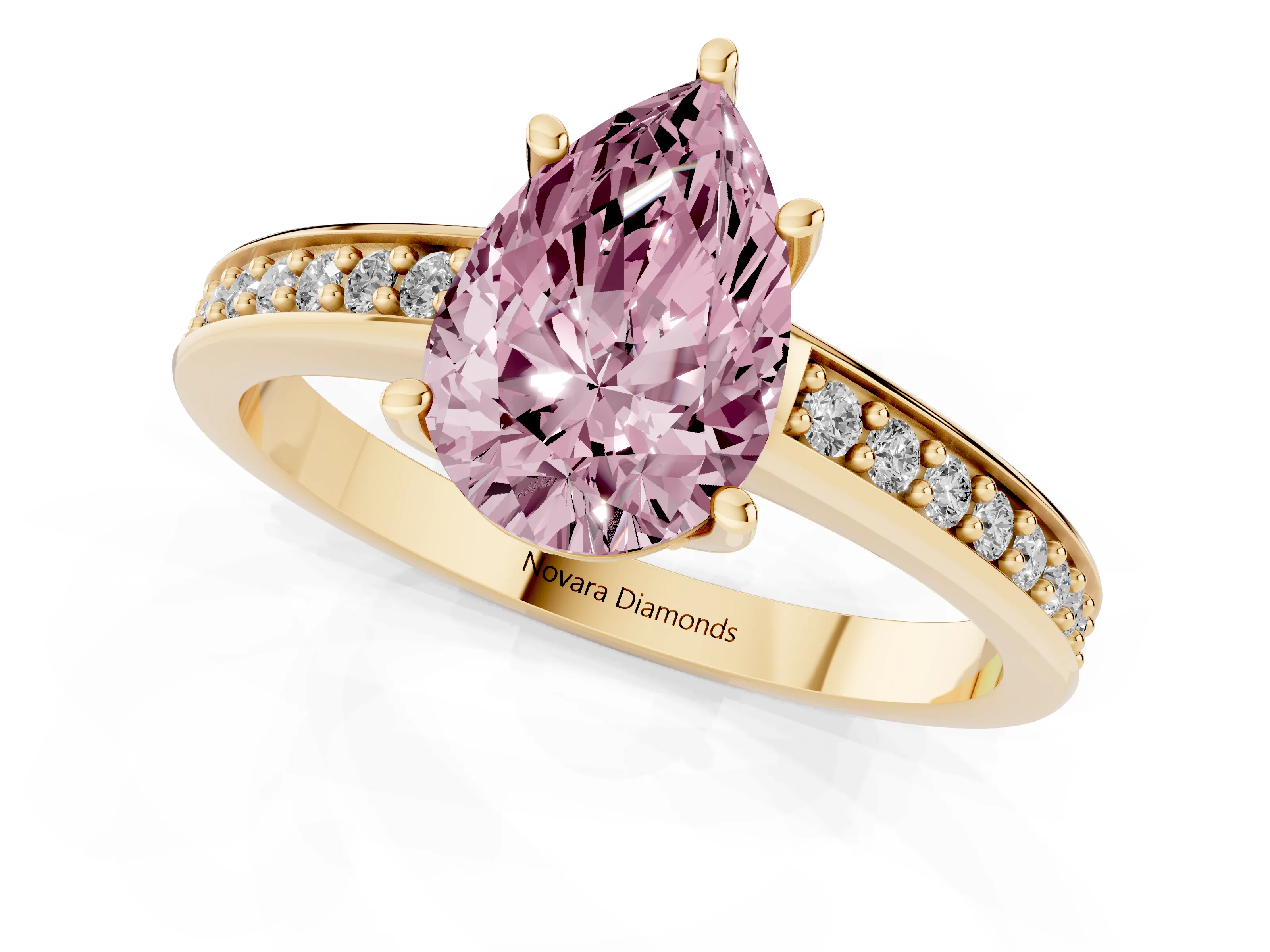 Fancy Pink Pear Cut Diamond Pavé Band Prong Set Solitaire Ring Set in Yellow gold