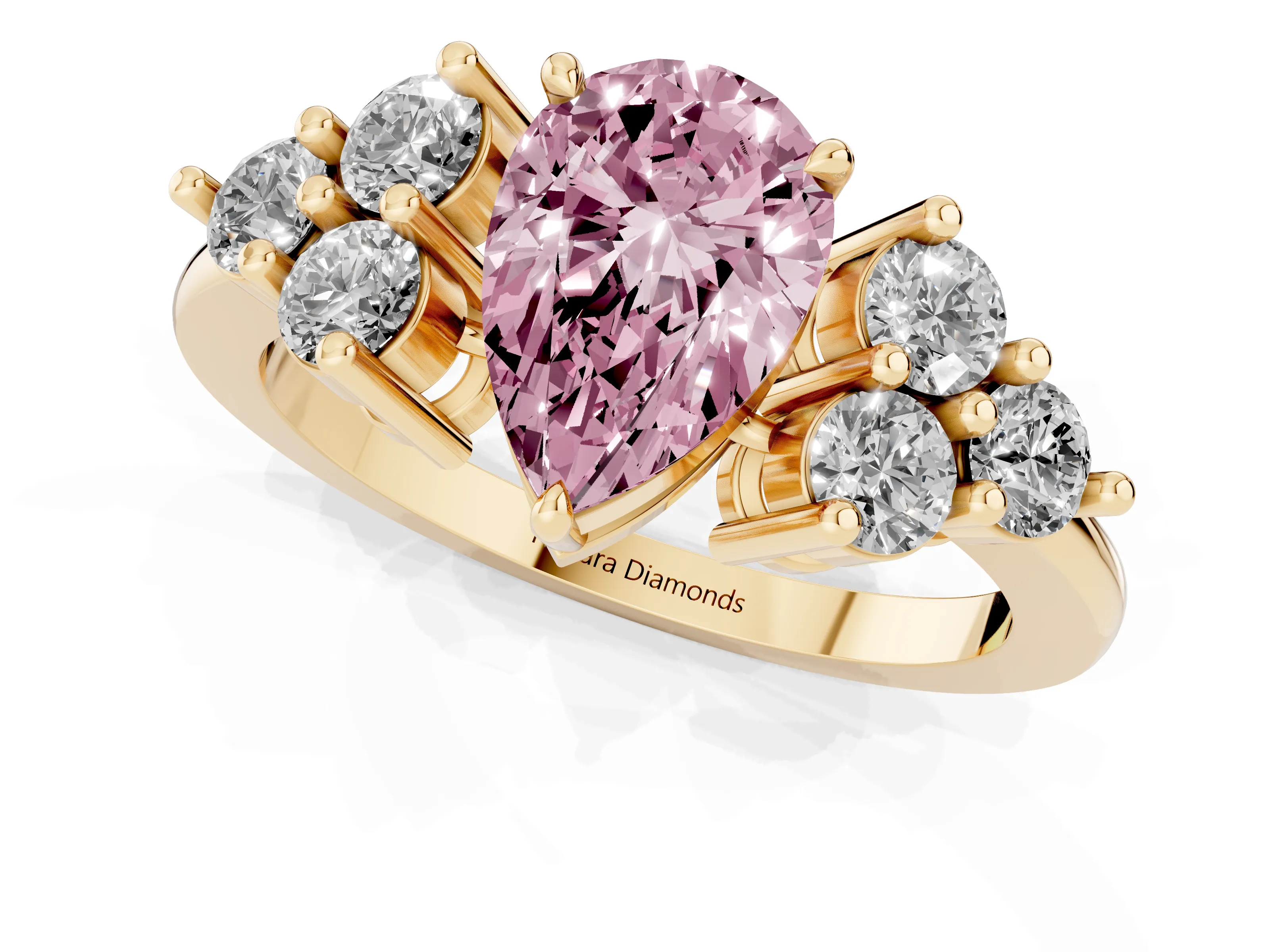 Fancy Pink Pear Cut Diamond Solitaire Ring Set in Yellow gold with Cluster Accents on Each Side
