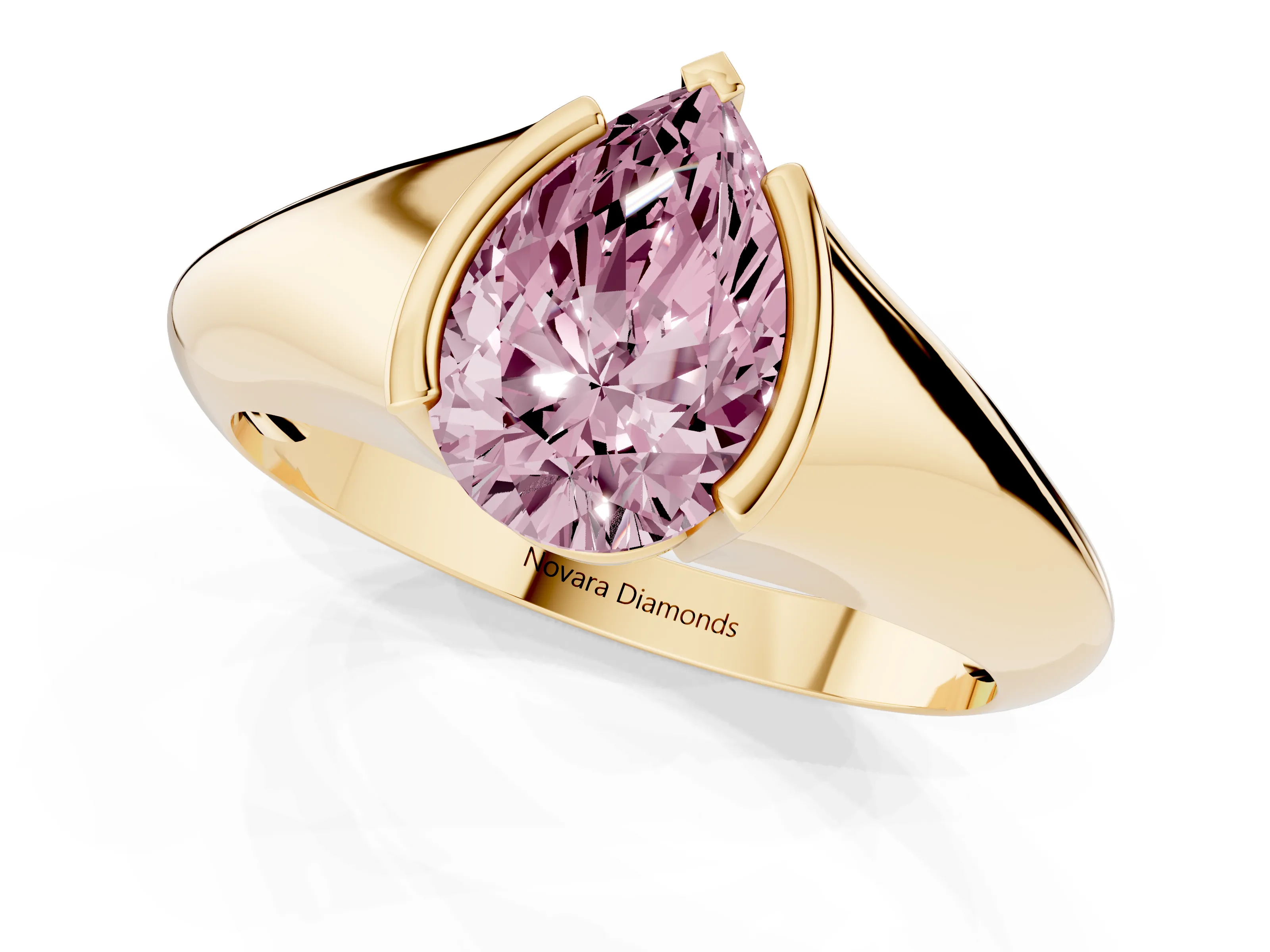 Fancy Pink Pear Cut Diamond Solitaire Tension Set Ring Set in Yellow gold