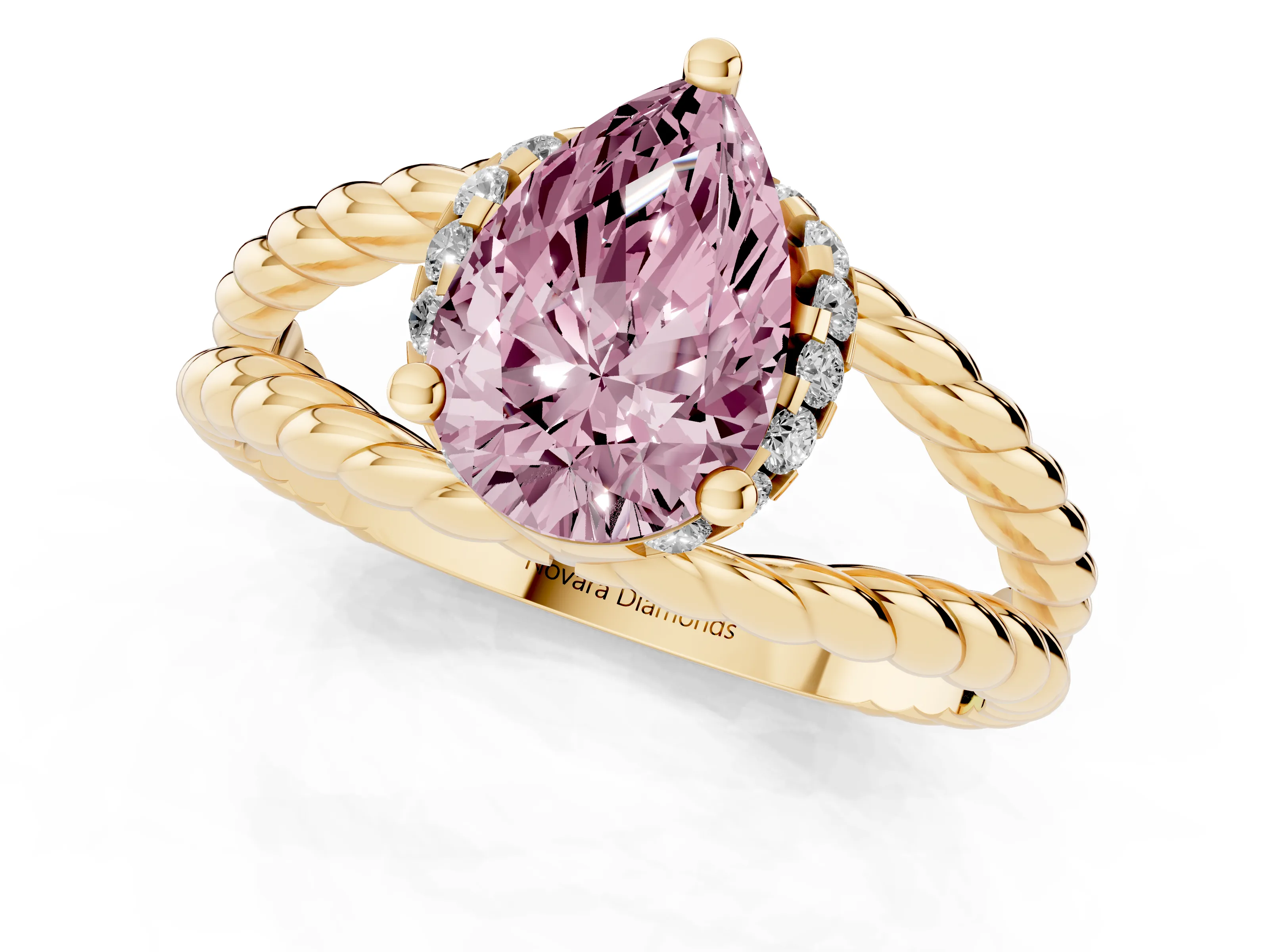 Fancy Pink Pear Cut Diamond Halo Ring Set in Yellow gold with Twisted Band and Prong Setting