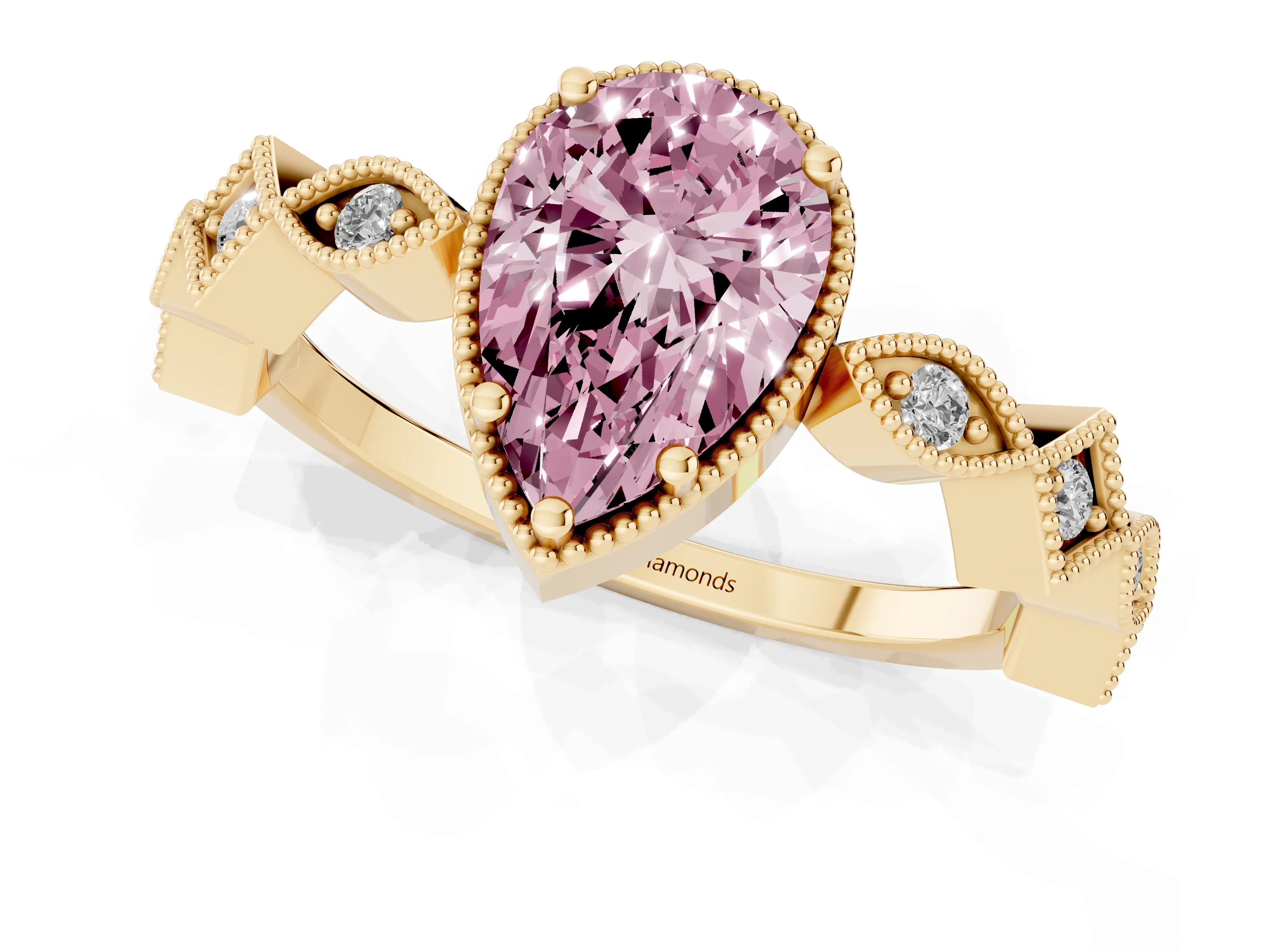 Fancy Pink Pear Cut Diamond Milgrain Marquise Twist Band Ring Set in Yellow gold with Prong Setting