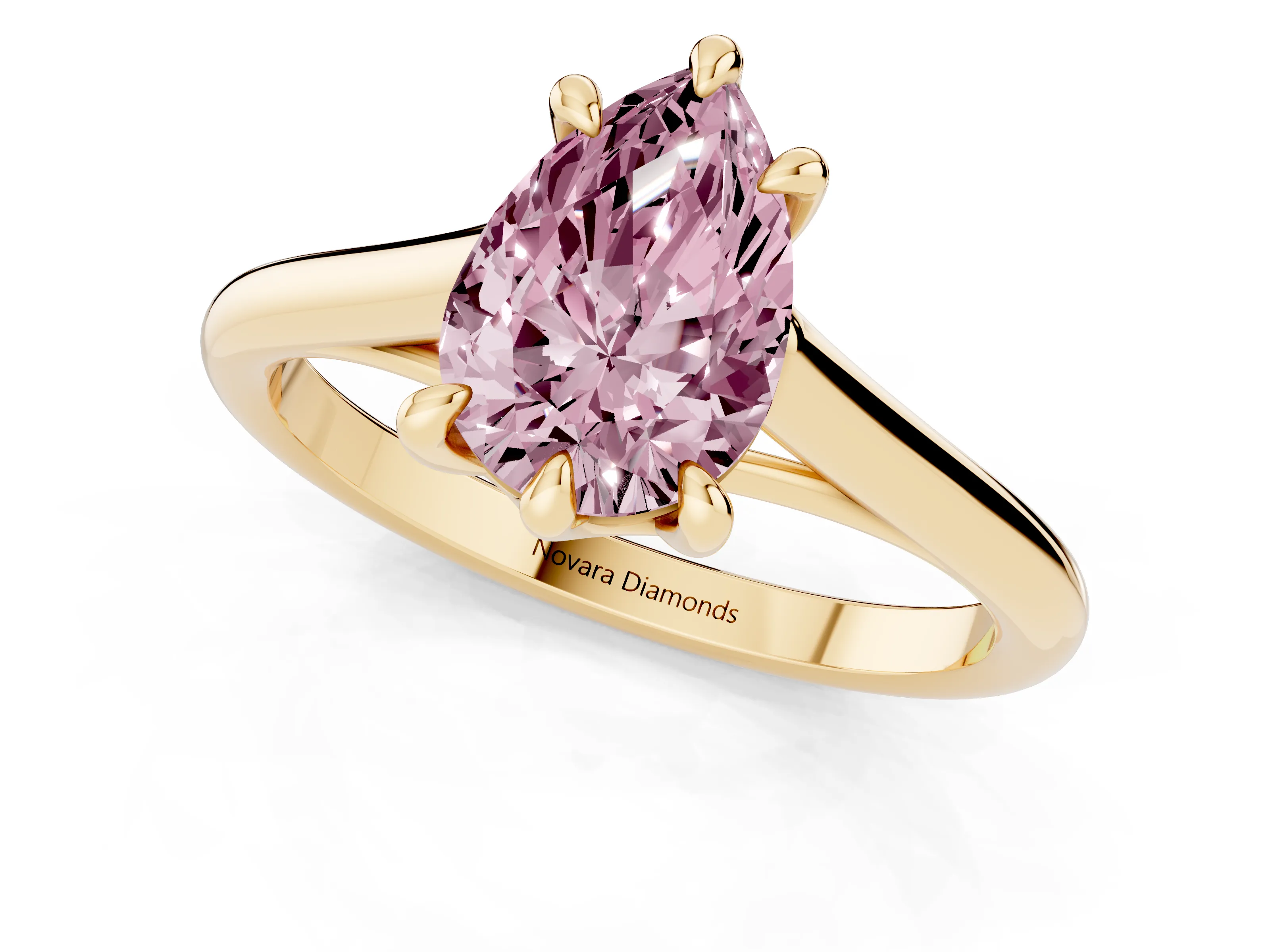 Fancy Pink Pear Cut Diamond Solitaire Engagement Ring Set in Yellow gold with Prong Setting and Plain Classic Band