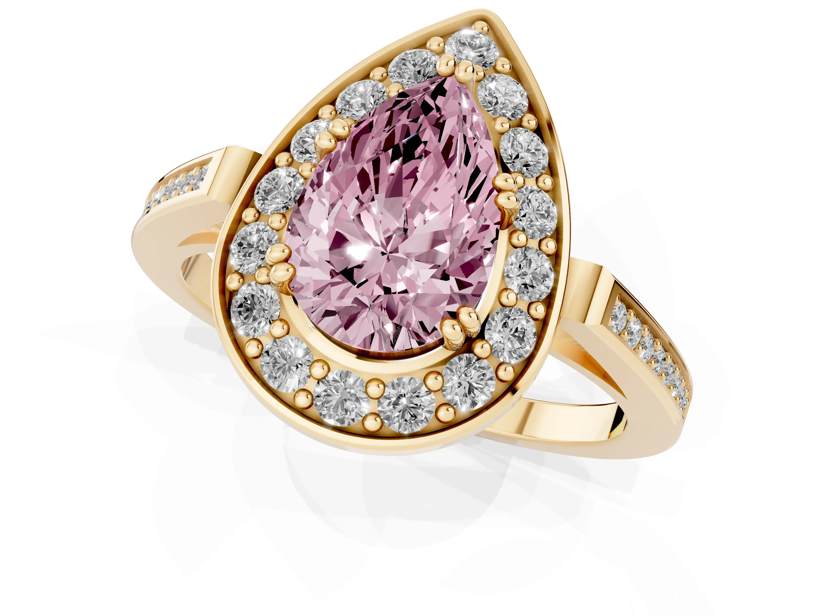 Fancy Pink Pear Cut Diamond Halo Ring Set in Yellow gold with Accent-Lined Split Shank and Prong Setting