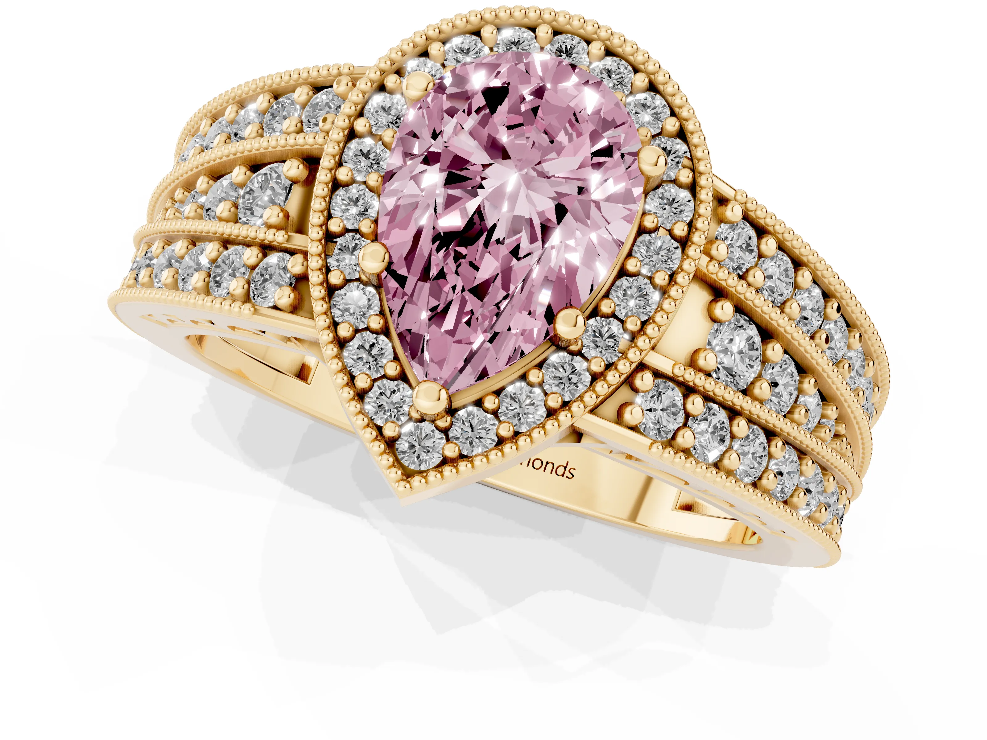 Fancy Pink Pear Cut Diamond Halo Ring Set in Yellow gold with Accent Split Shank and Prong Setting