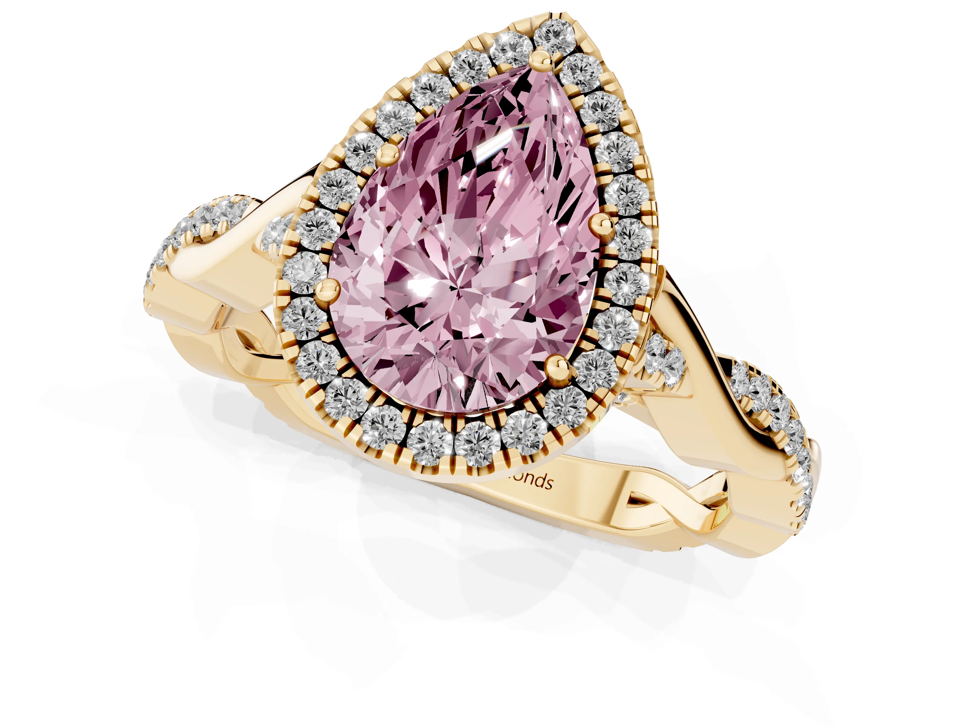 Fancy Pink Pear Cut Diamond Halo Twist Band Solitaire Ring Set in Yellow gold with Prong Setting