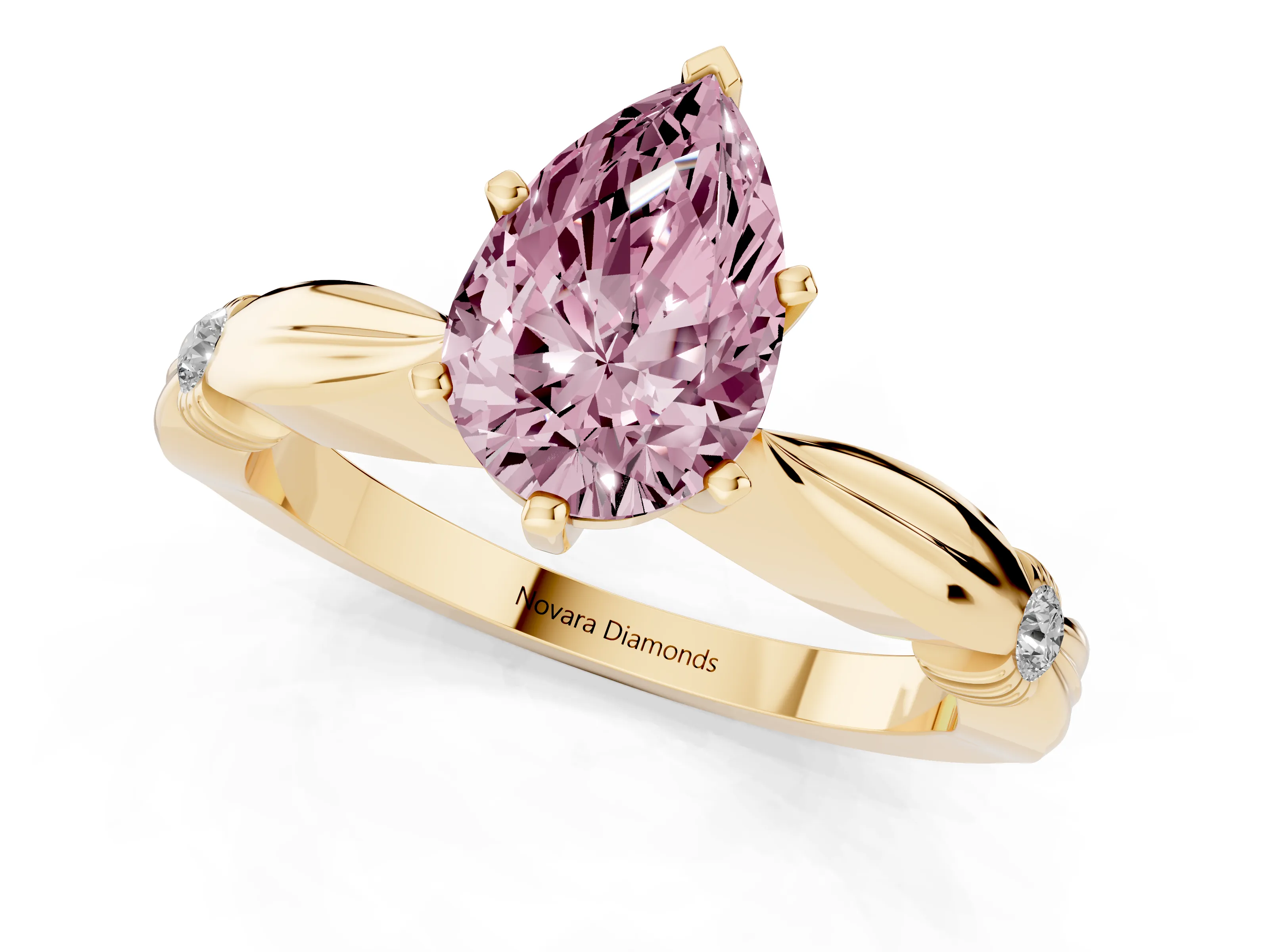 Fancy Pink Pear Cut Diamond Solitaire Twisted Band Ring Set in Yellow gold with Accent Stones and Prong Setting
