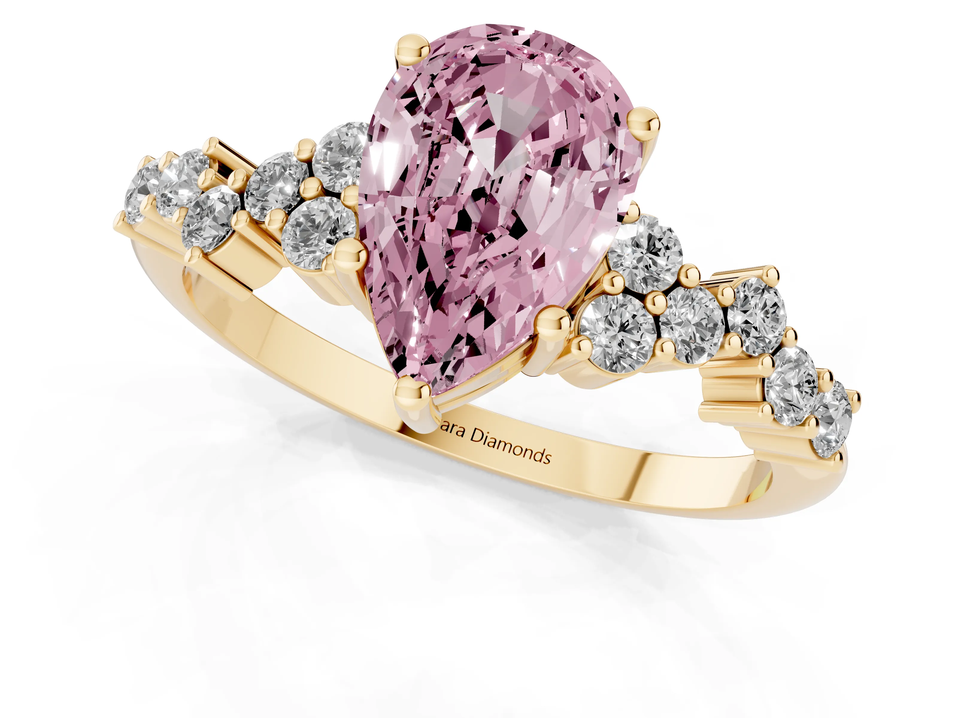 Fancy Pink Pear Cut Diamond Ring Set in Yellow gold with Scattered Round Accents