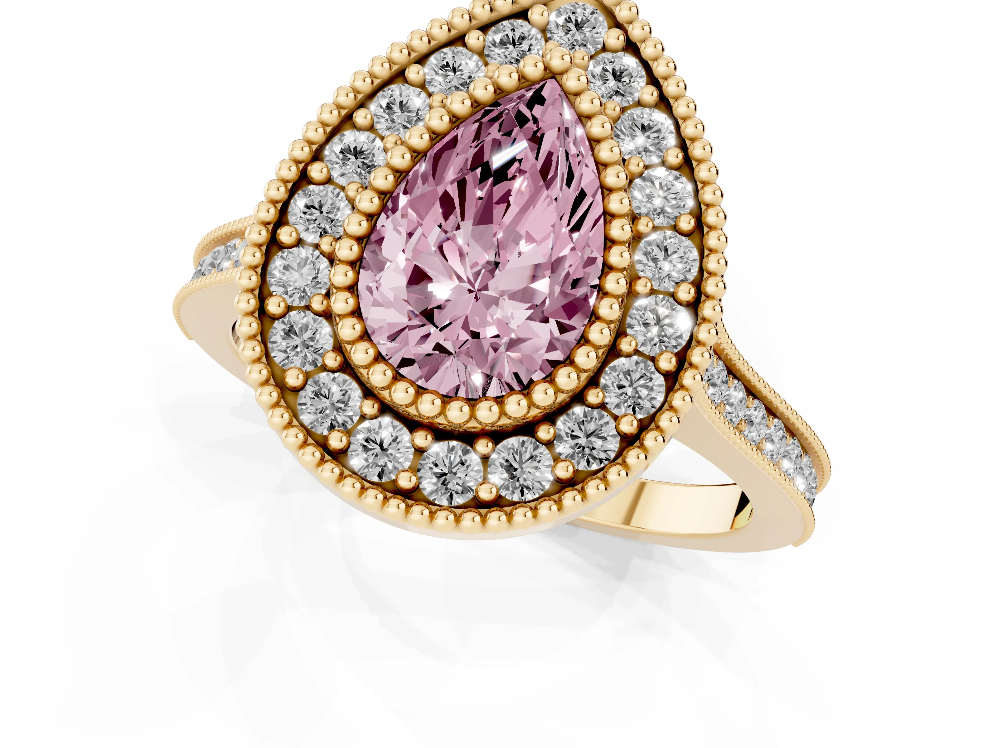 Fancy Pink Pear Cut Diamond Halo Ring Set in Yellow gold with Milgrain Frame and Pavé Band