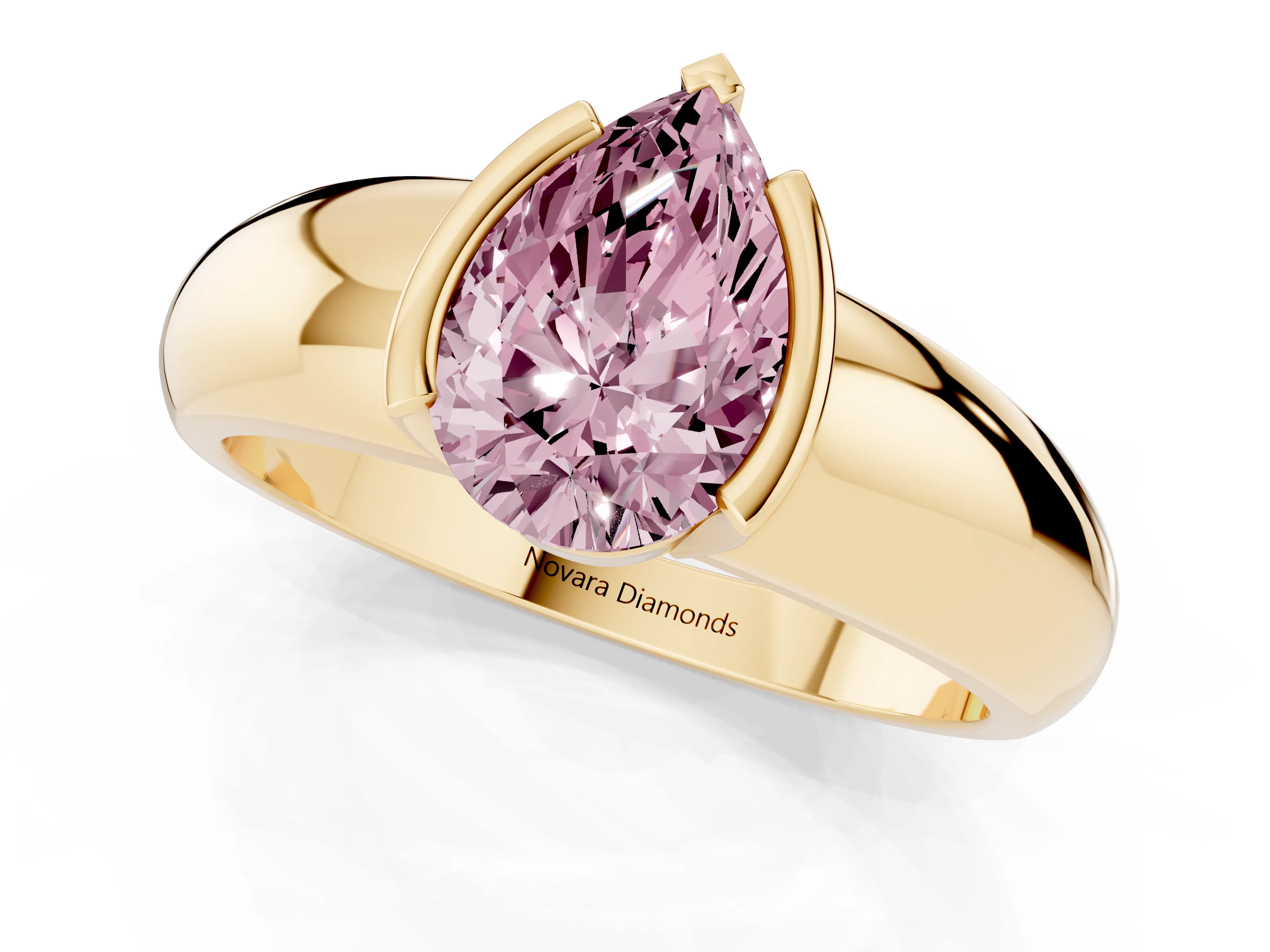 Fancy Pink Pear Cut Diamond Solitaire Tension Set Ring Set in Yellow gold with Wide Band