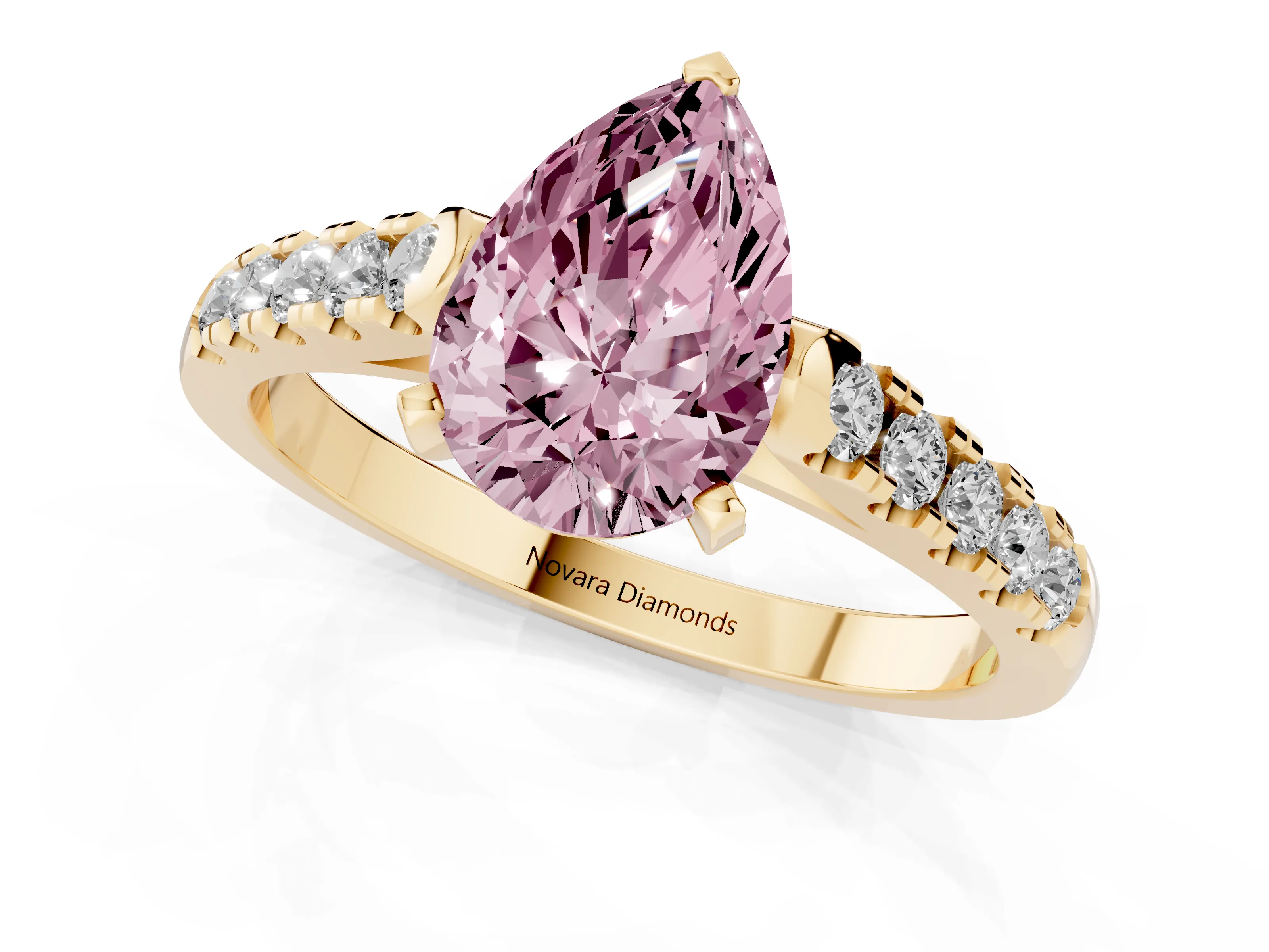 Fancy Pink Pear Cut Diamond Pavé Band Solitaire Ring Set in Yellow gold with Partway Accent Stones and Prong Setting