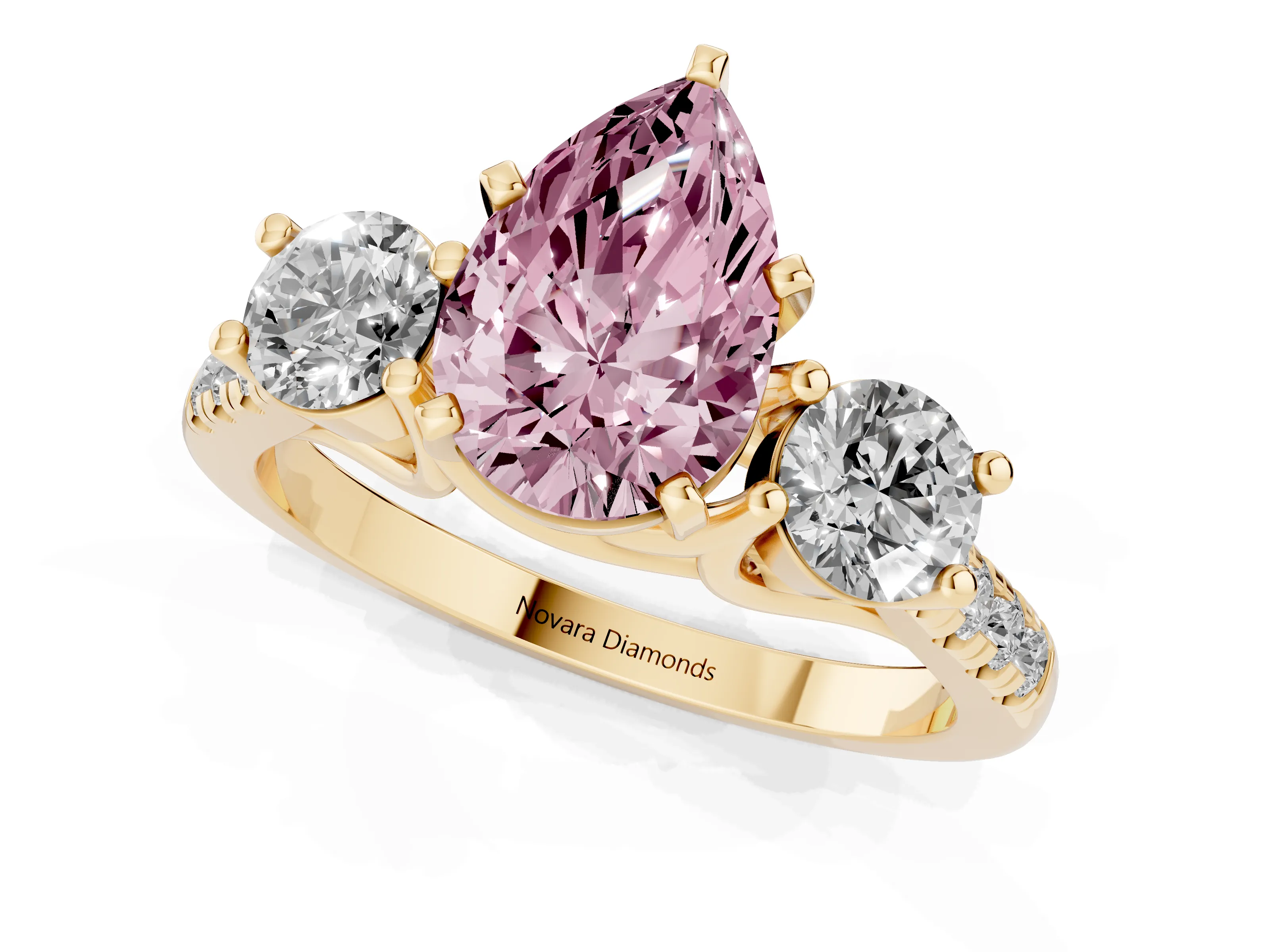 Fancy Pink Three-Stone Pear Cut Diamond Pavé Band Ring Set in Yellow gold with Prong-Set Trio