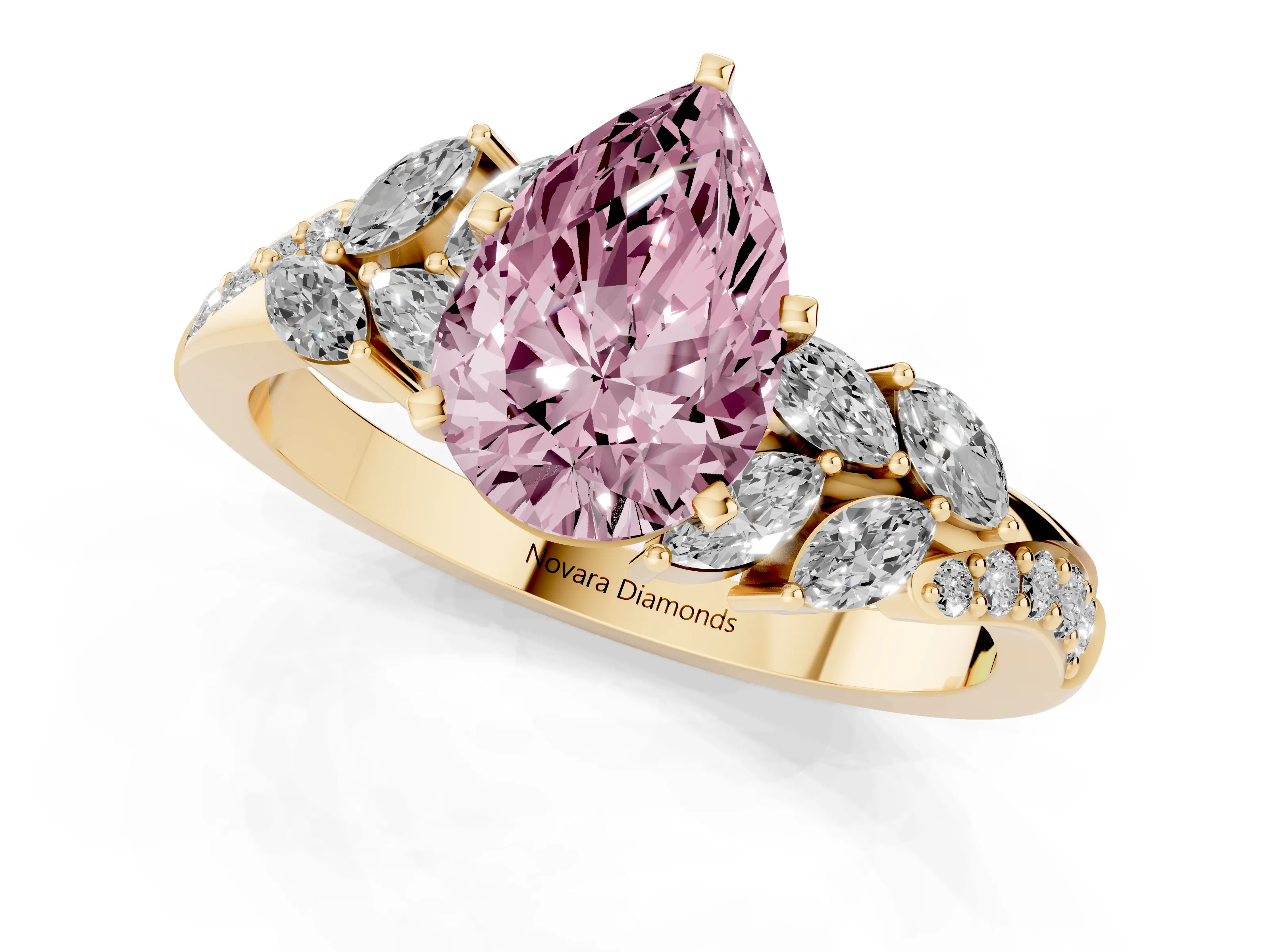 Fancy Pink Pear Cut Diamond Solitaire Ring Set in Yellow gold with Marquise Twist Band and Prong Setting