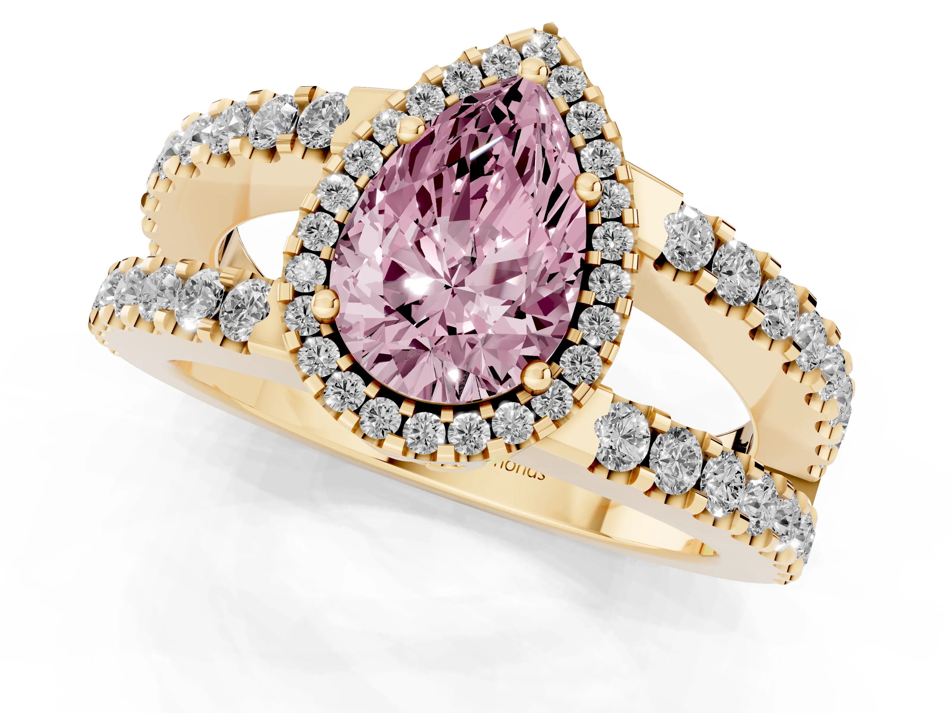 Fancy Pink Pear Cut Diamond Halo Ring Set in Yellow gold with Pavé Split Shank and Prong Setting